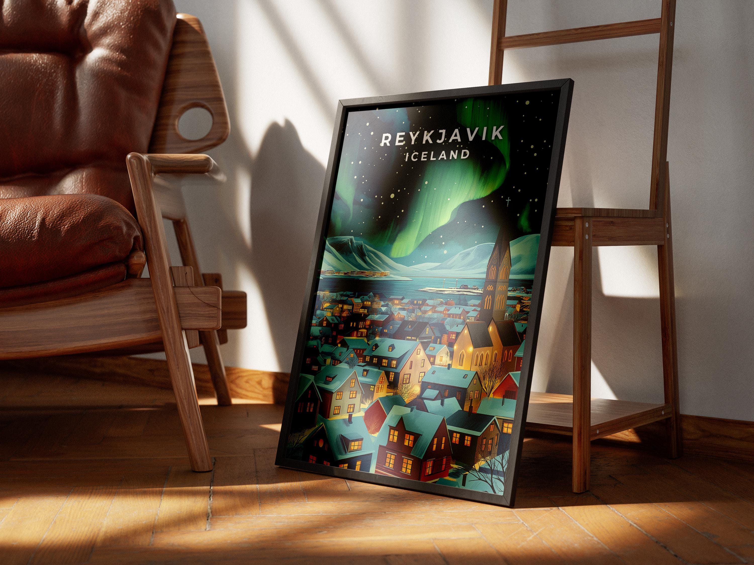 Reykjavik Northern Lights Print: Vintage Iceland Travel Poster