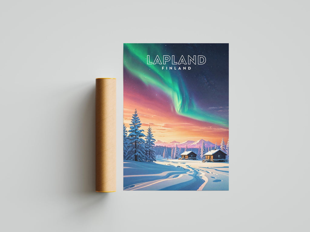 Lapland Northern Lights Poster: Finland Winter Cabin Art Print
