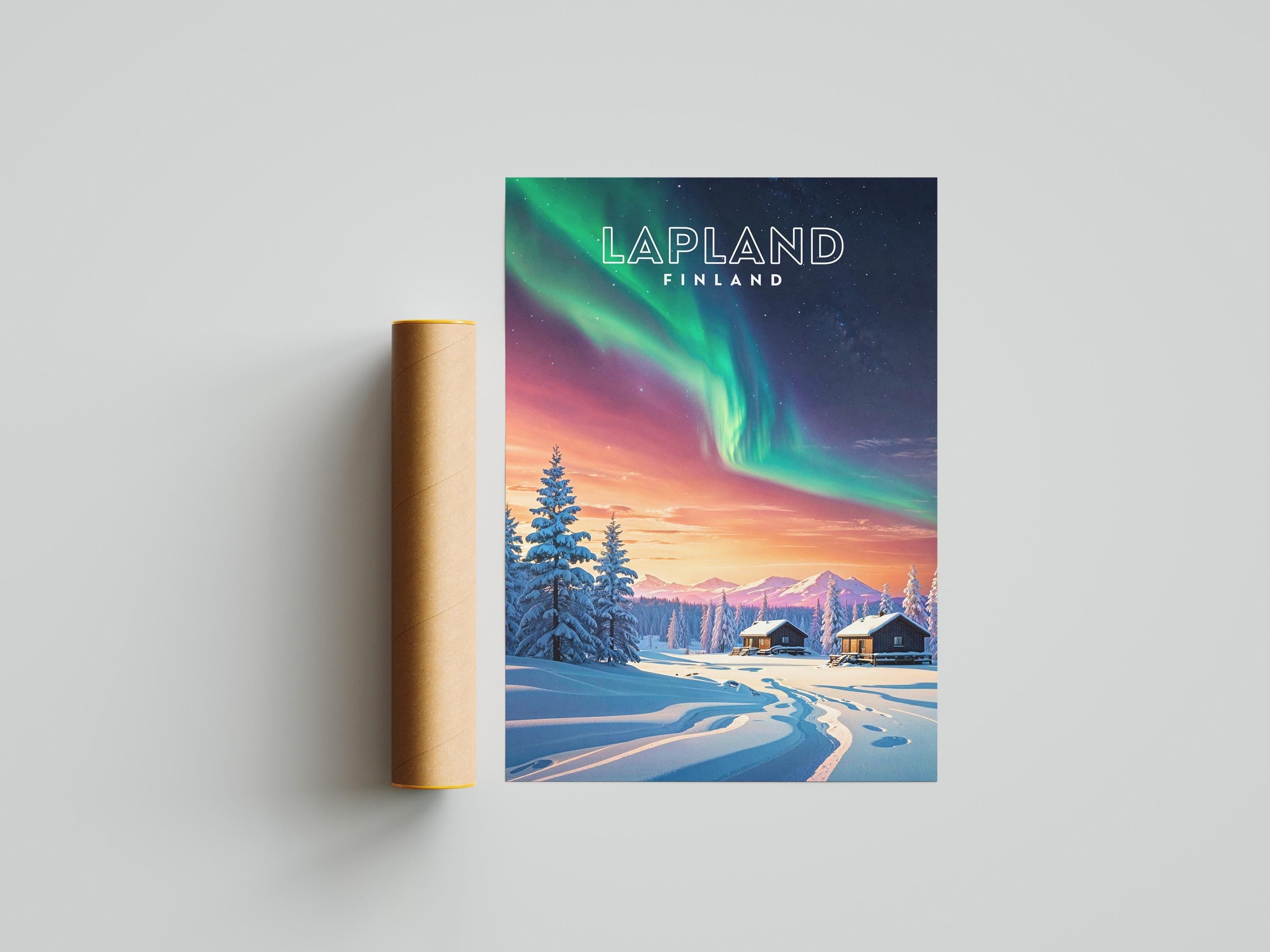 Lapland Northern Lights Poster: Finland Winter Cabin Art Print