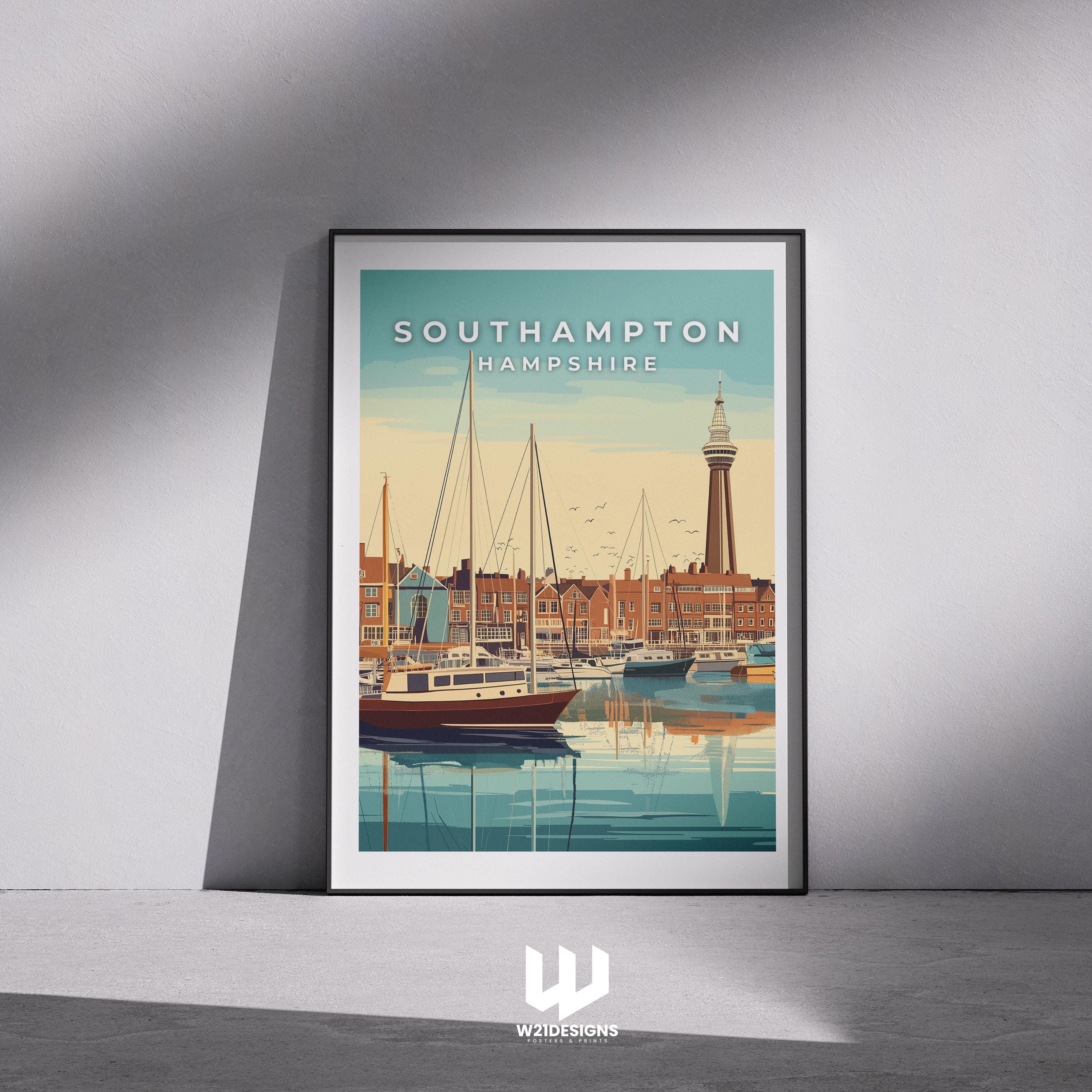 Southampton England Travel Poster: Vintage Coastal Marina Art