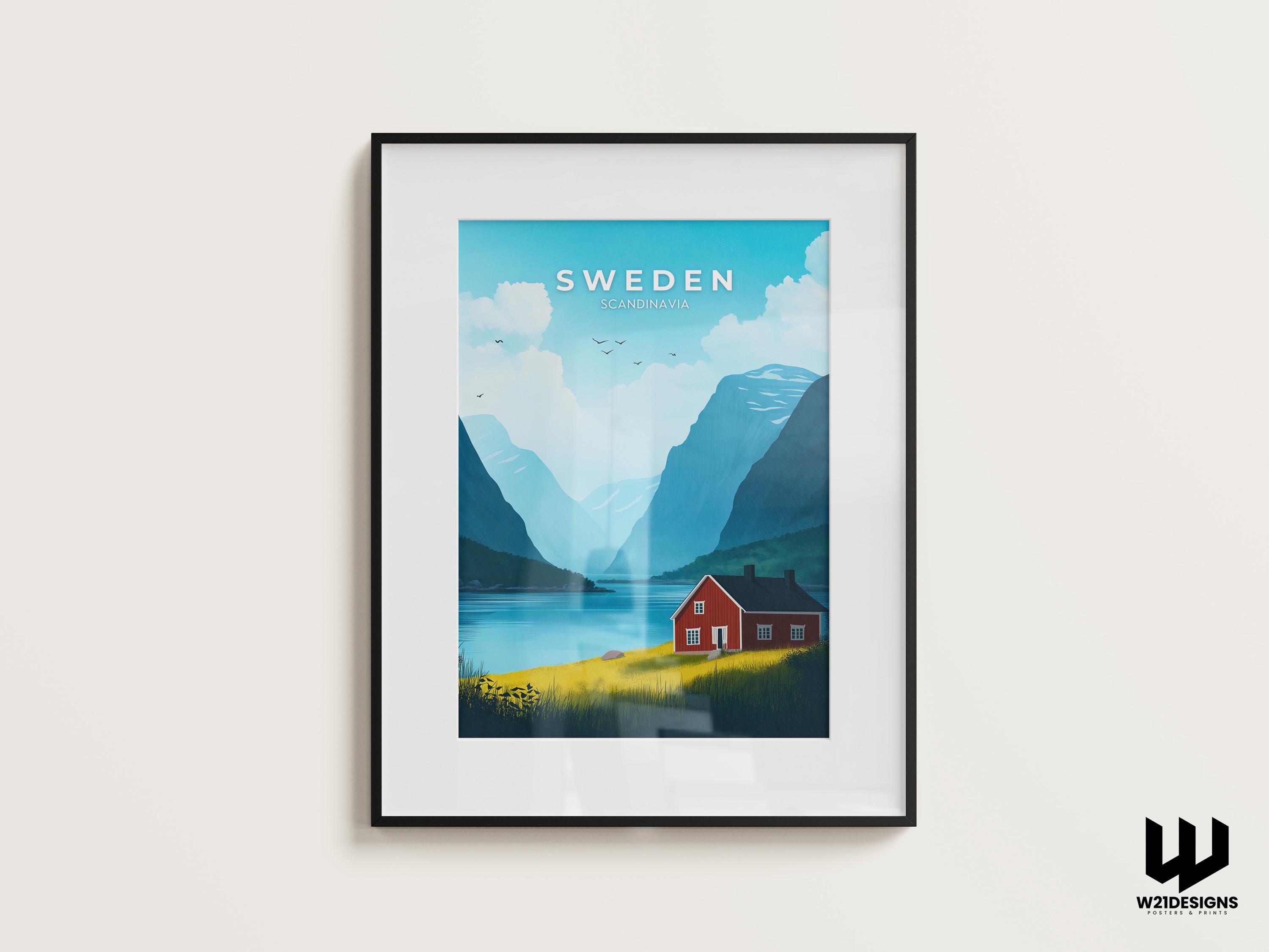 Sweden Travel Poster: Red Cabin, Nordic Mountain Landscape