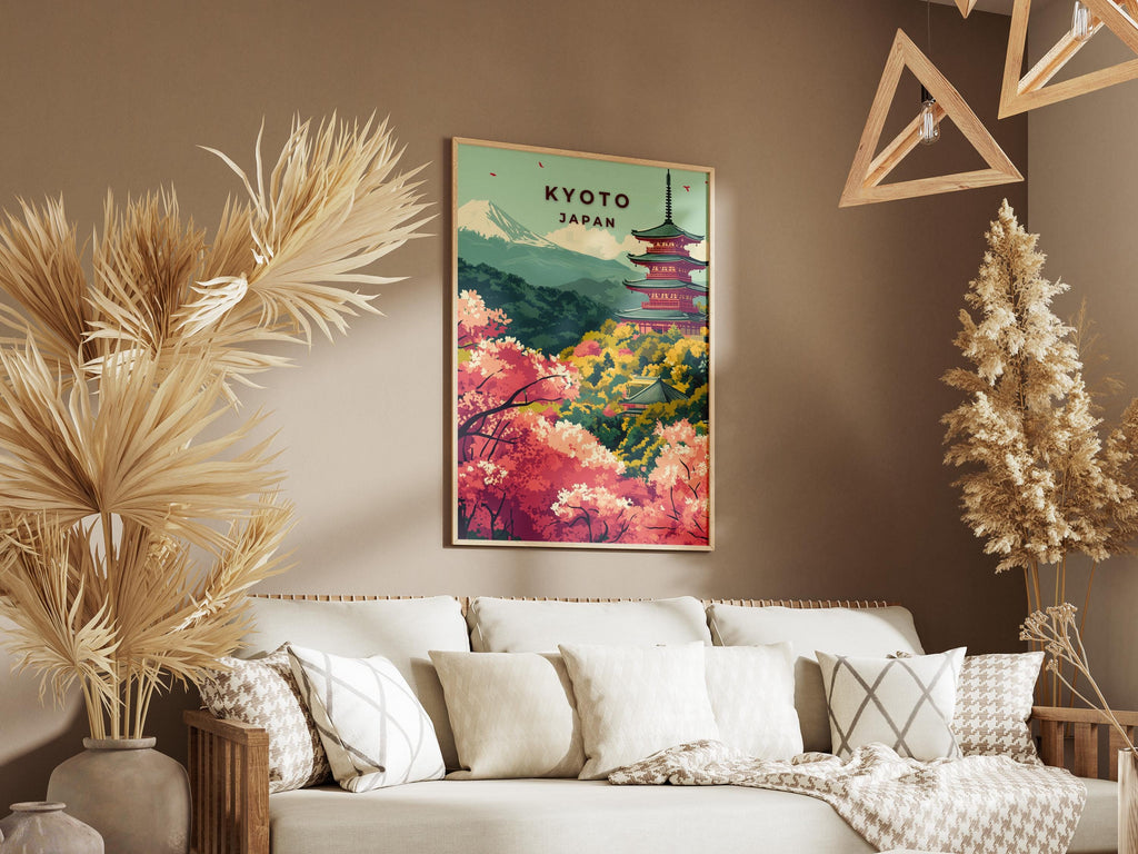 Kyoto Cherry Blossom Travel Poster: Vintage Japanese Pagoda Art