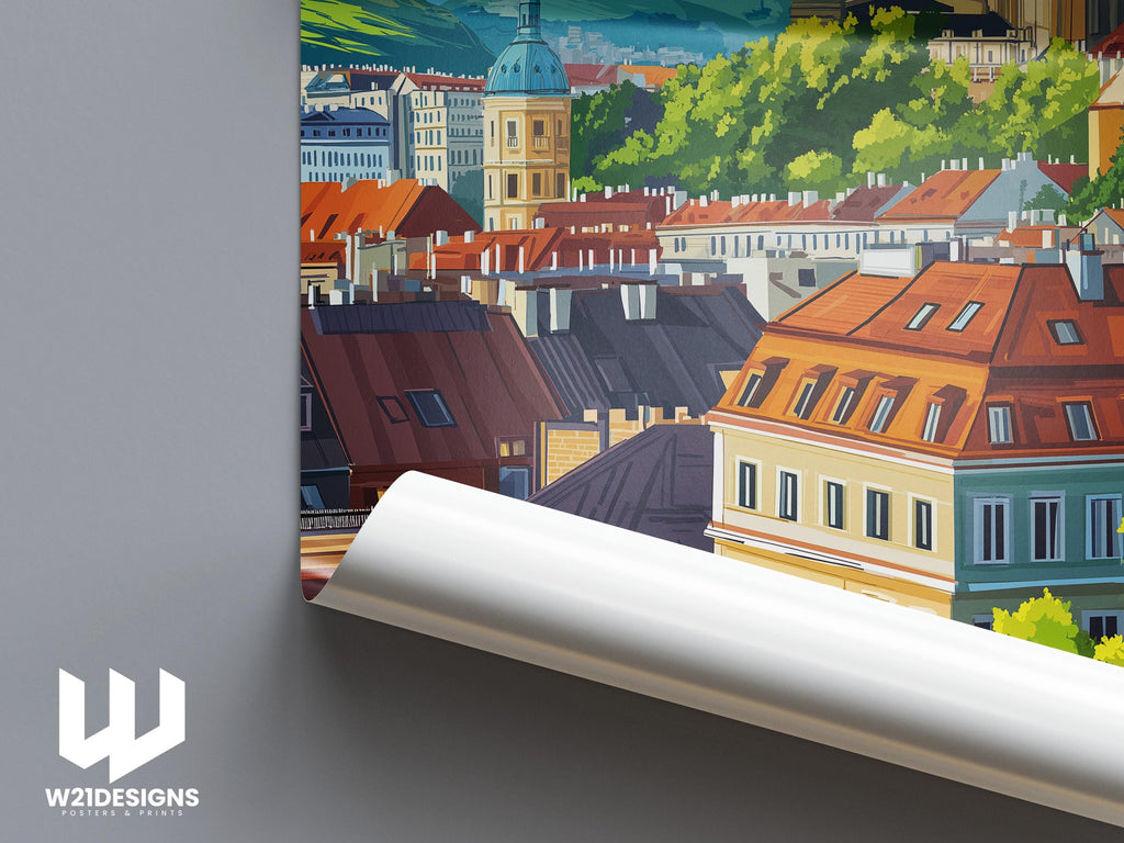 Vienna Travel Illustration: Austria City Poster, European Wall Art, Home Decor Gift, Framed Print