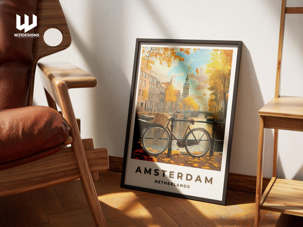 Amsterdam Canal Print: Dutch Architecture, Bicycle Art (Custom Text)