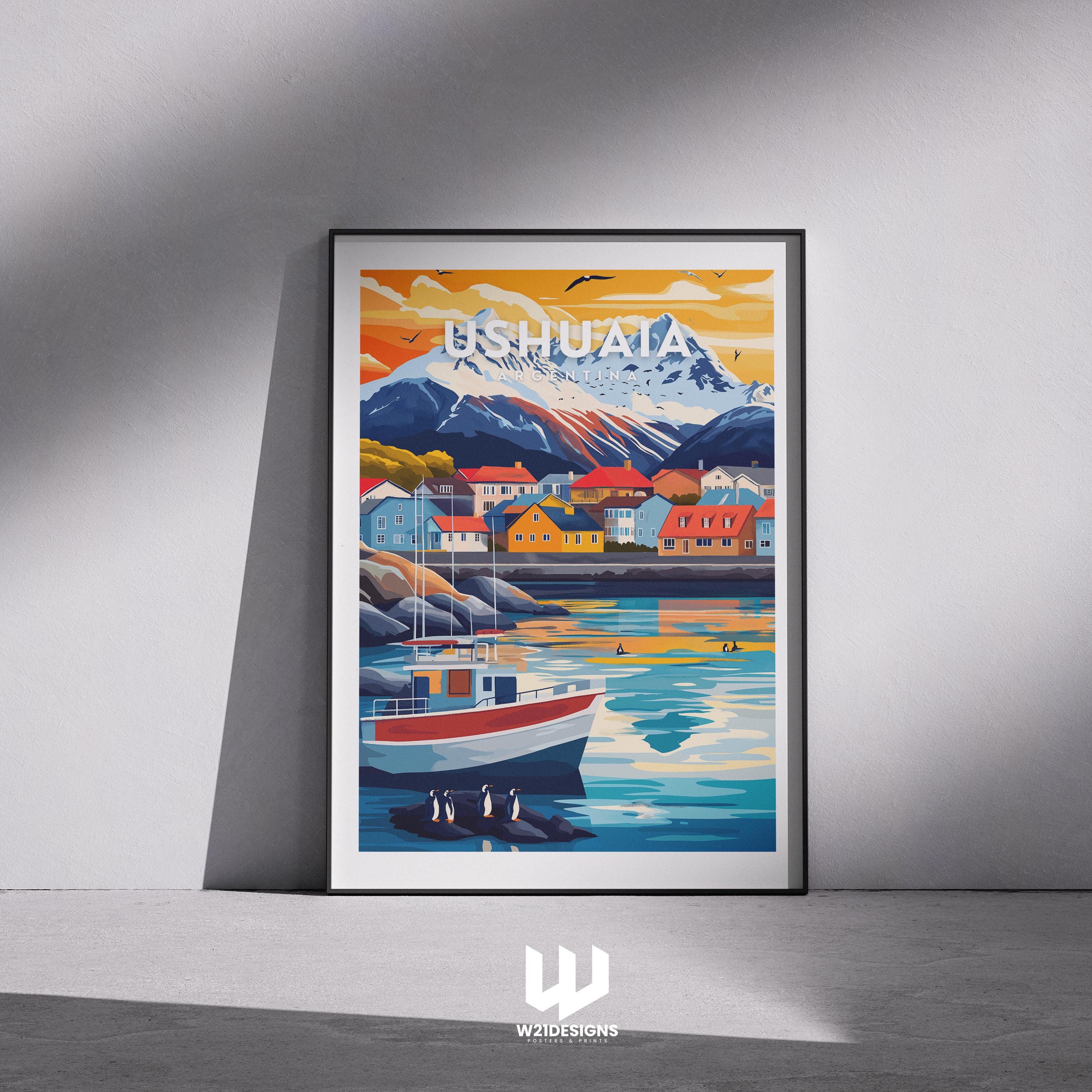 Ushuaia Argentina Travel Poster: Patagonia Penguin Art Print