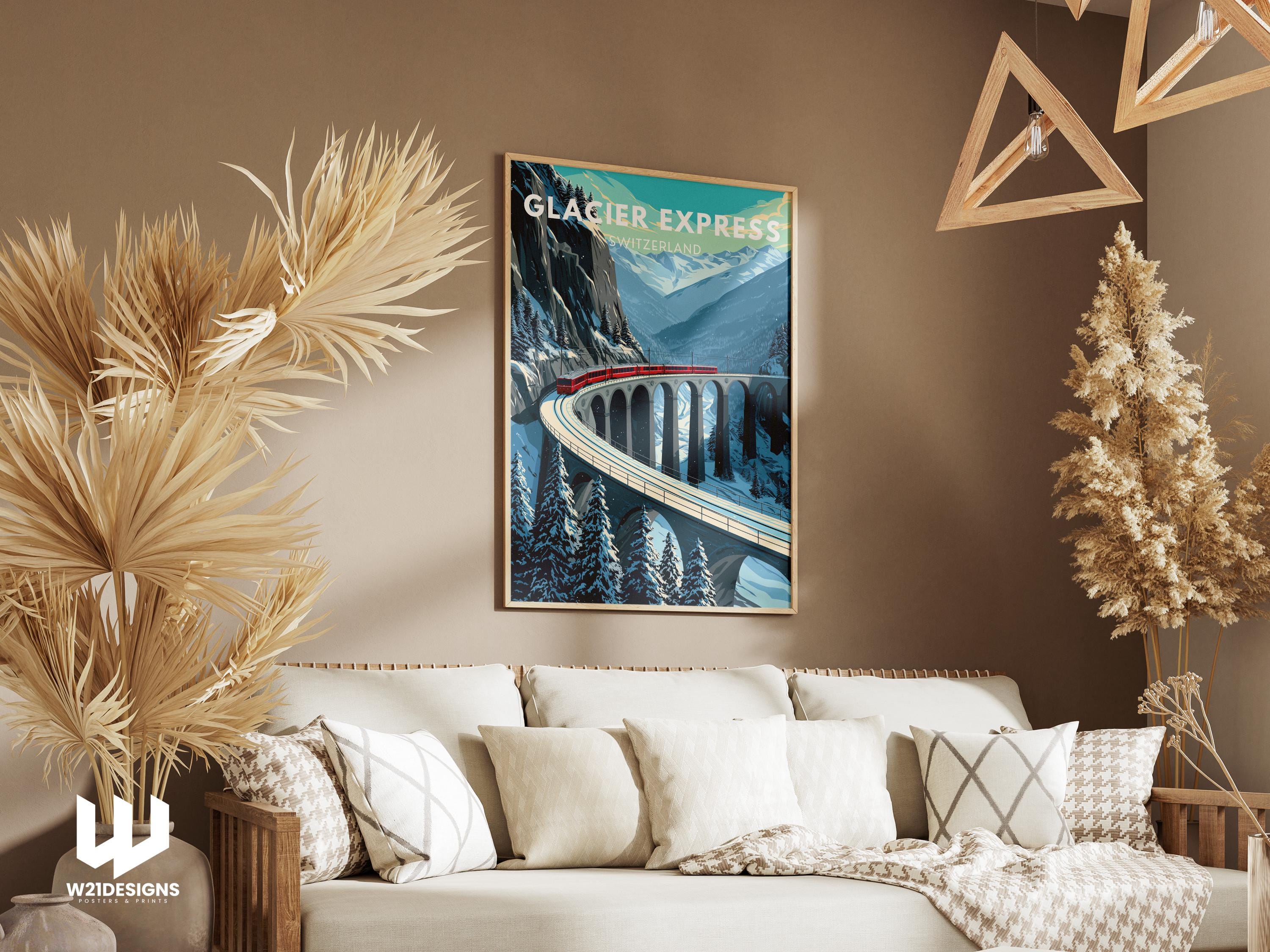 Vintage Glacier Express Poster: Swiss Alps Winter Train Travel Art