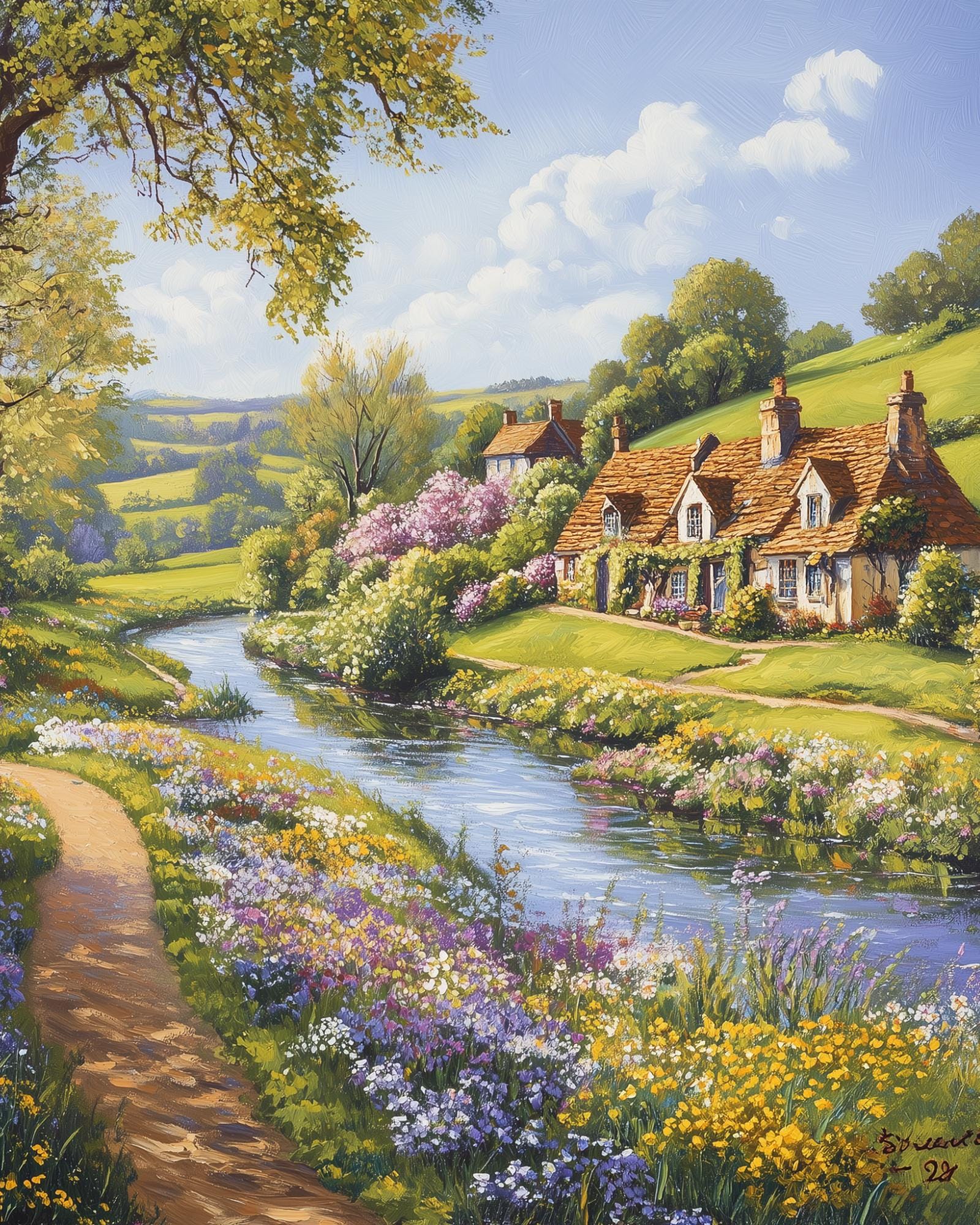 English Countryside Print: Vintage Cottage Landscape Travel Poster