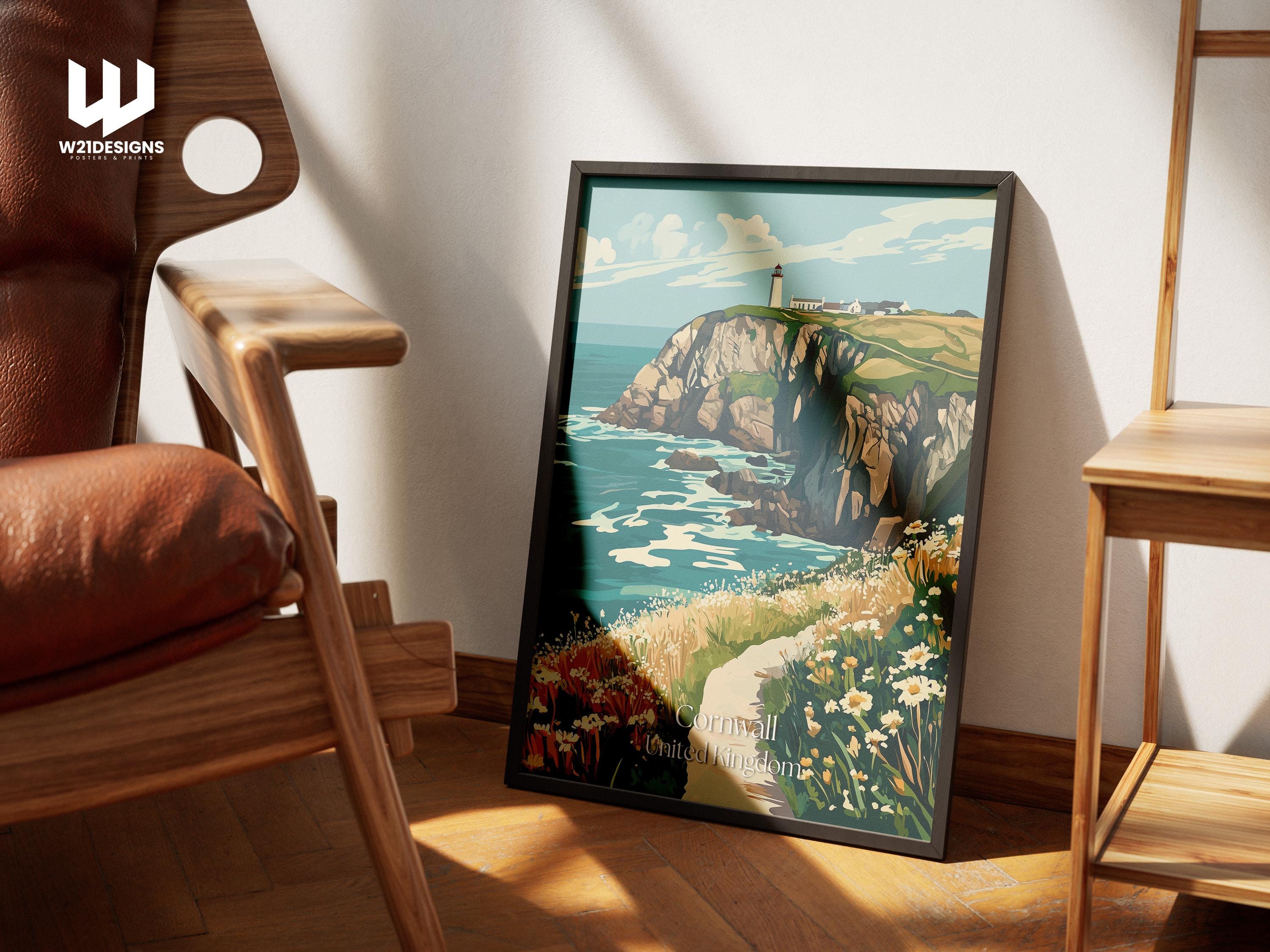 Cornwall Coastal Path Vintage Travel Poster: Scenic Cliffside Art