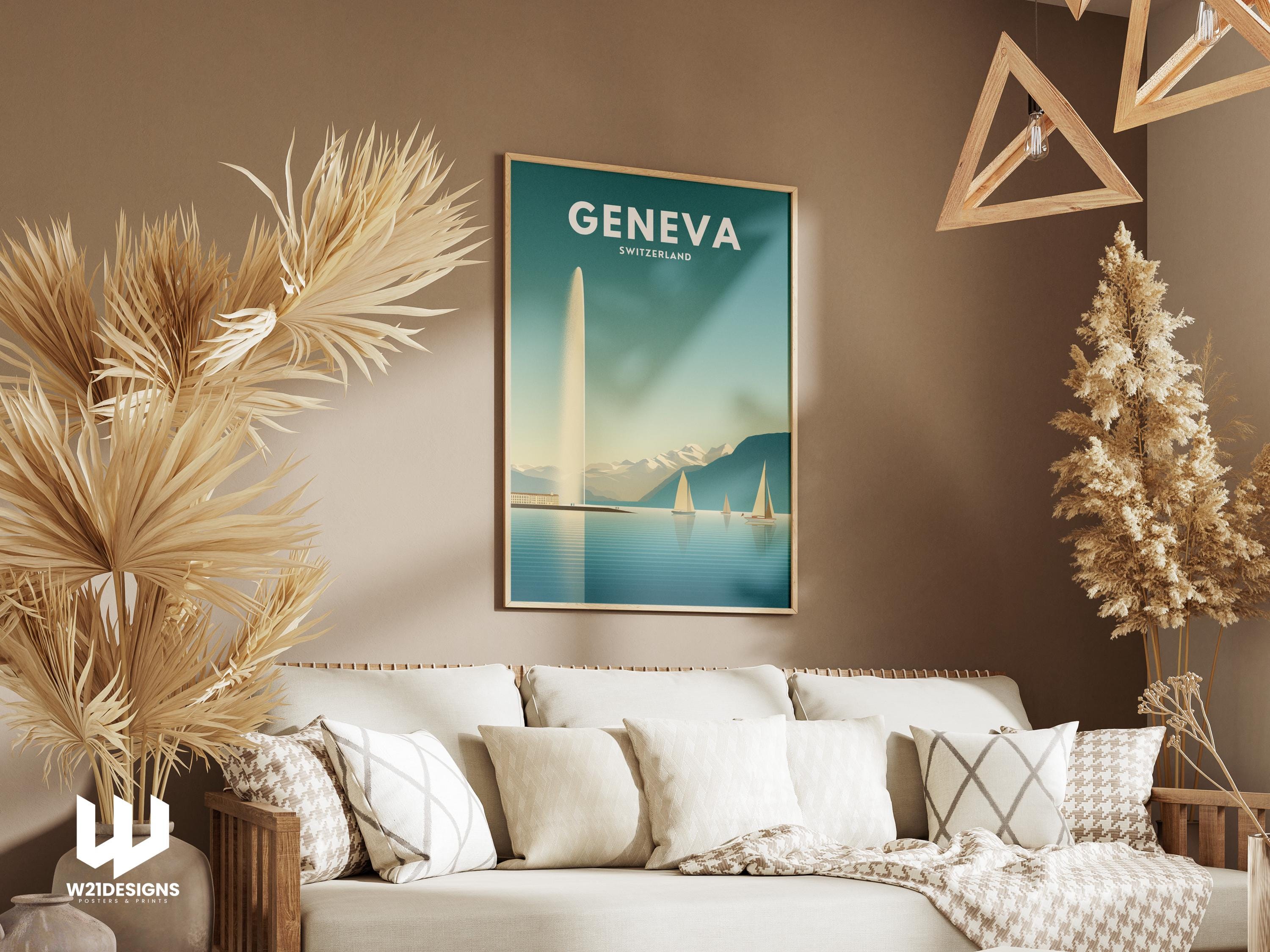 Geneva Switzerland Travel Poster | Lake Geneva Wall Art | Minimal Mountain & Sailboat Print