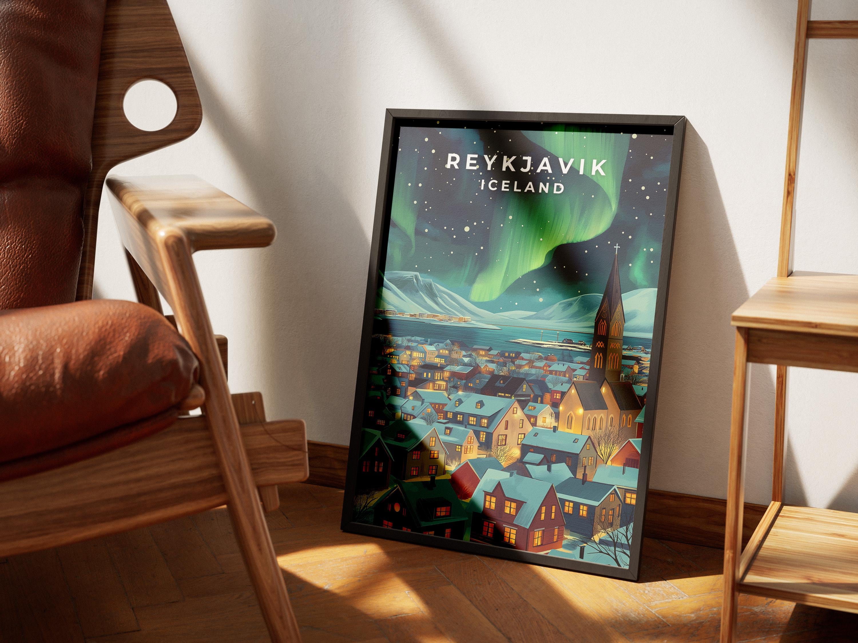 Reykjavik Northern Lights Print: Vintage Iceland Travel Poster