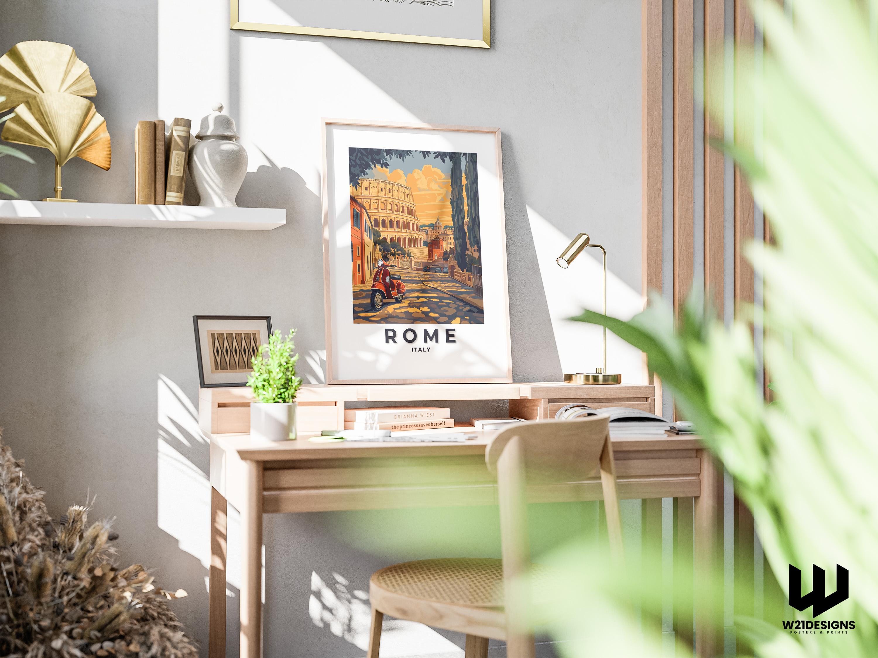 Rome Travel Print: Vintage Colosseum & Vespa Illustration