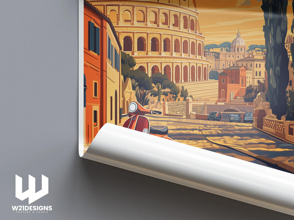Rome Travel Print: Vintage Colosseum & Vespa Illustration