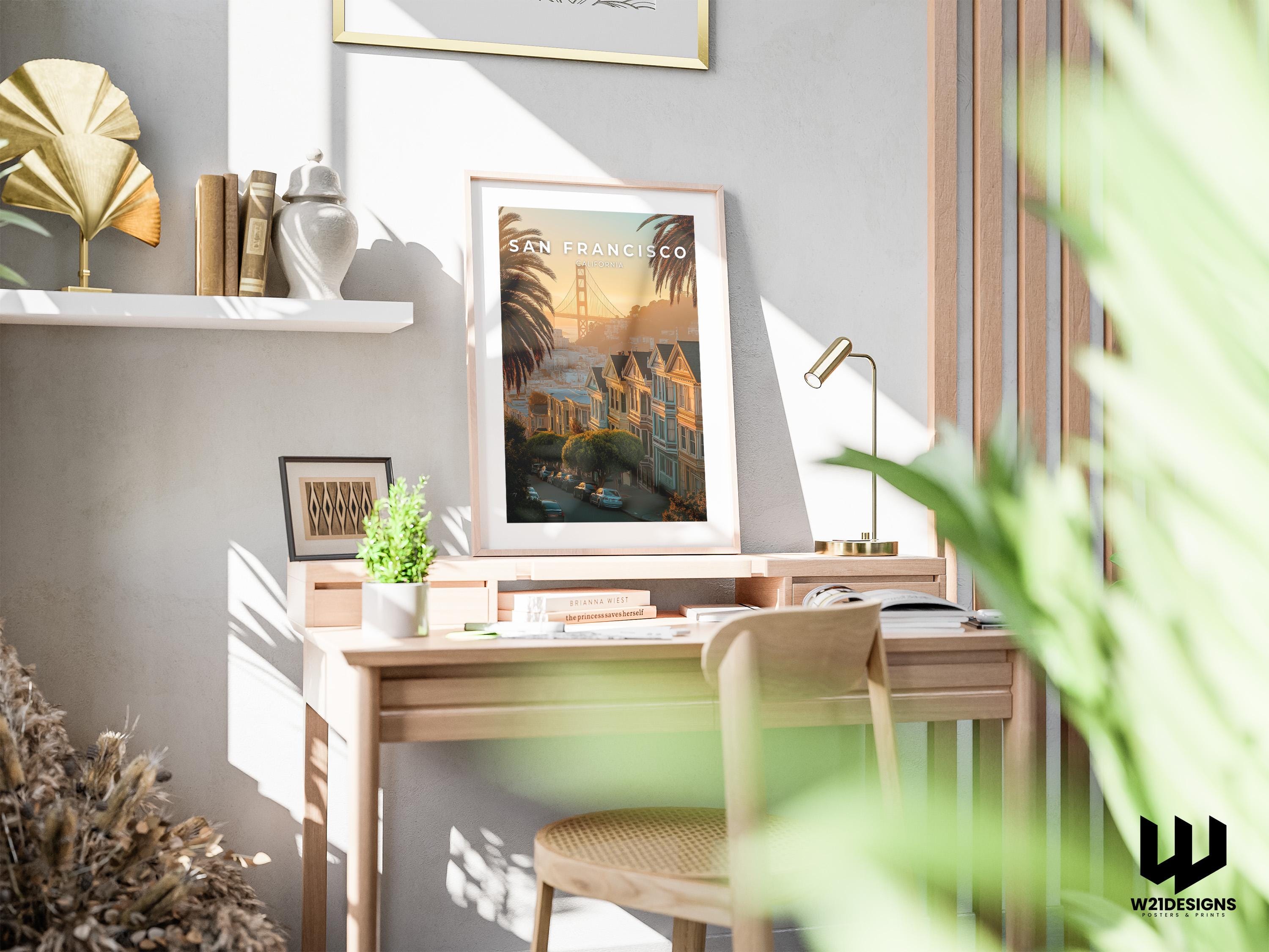 San Francisco Travel Poster: Golden Gate Bridge & Painted Ladies Art