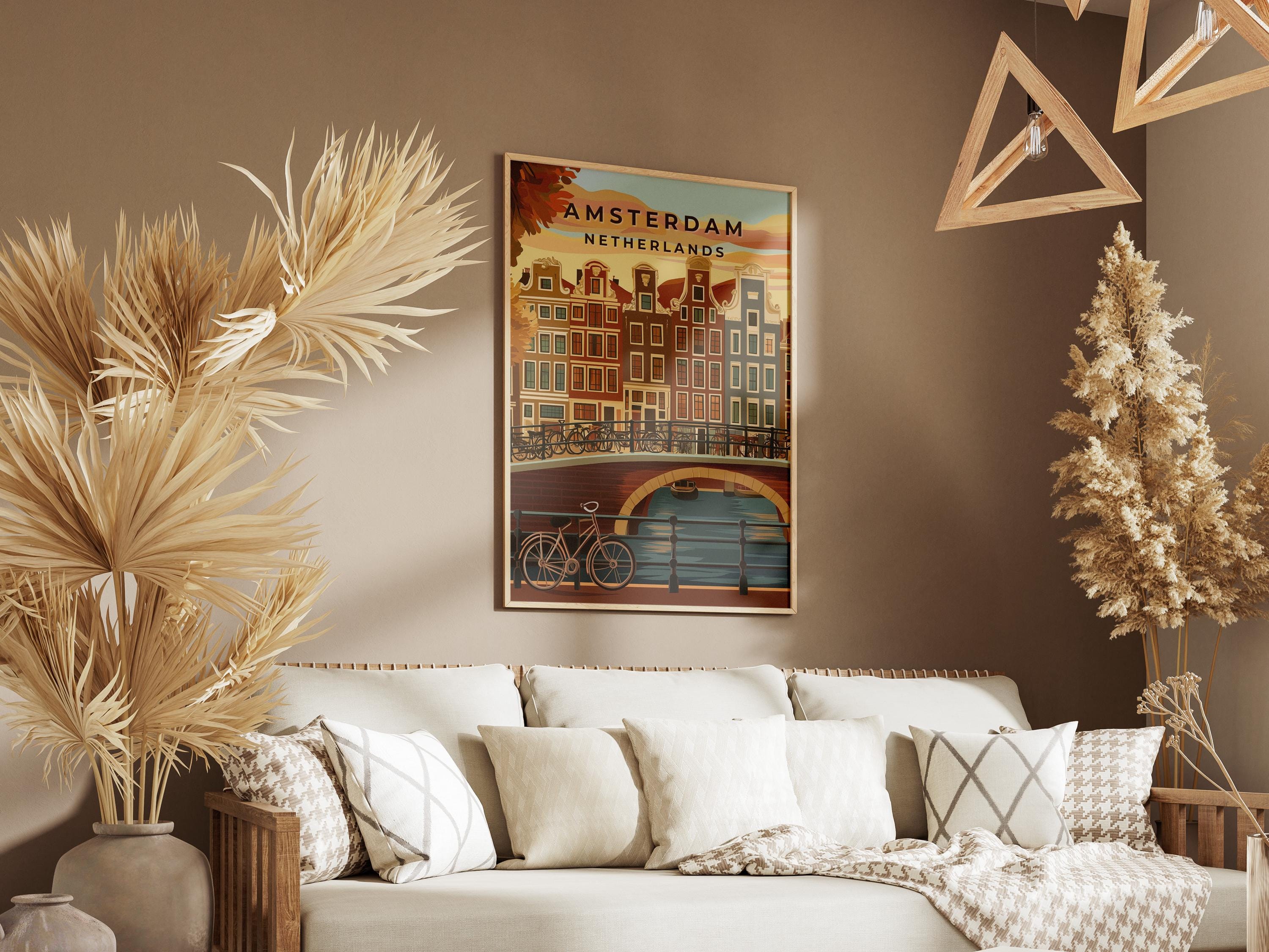 Amsterdam Vintage Travel Poster: Dutch Canal & Bicycle Art
