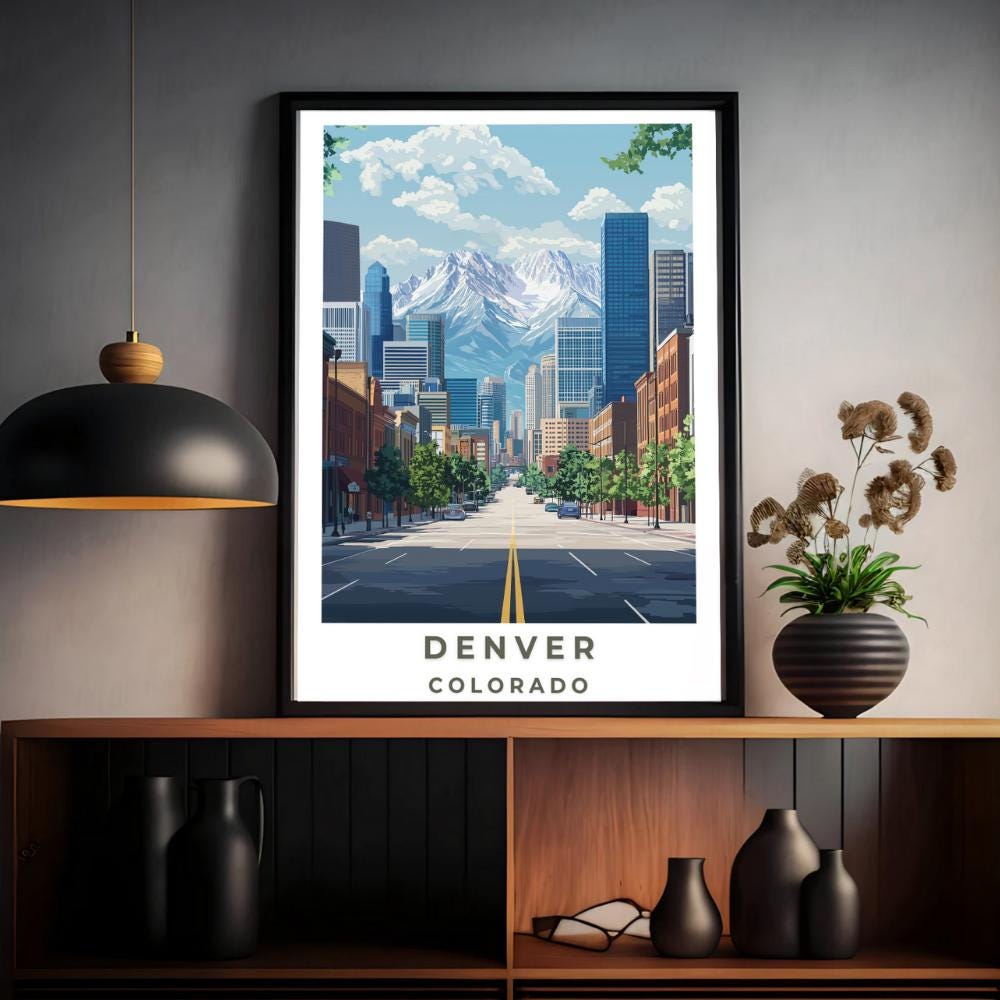 Denver Colorado Travel Poster: Rocky Mountains, Mid-Century Modern Art