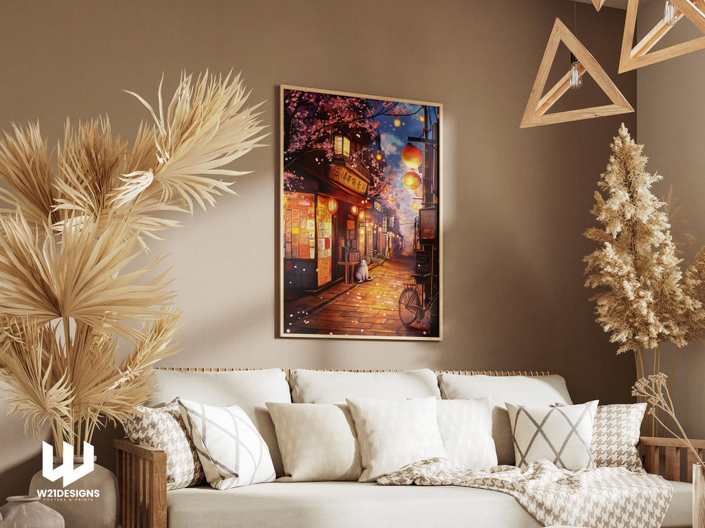 Ghibli Cat Art Print: Japanese Alley Lanterns, Anime Wall Decor