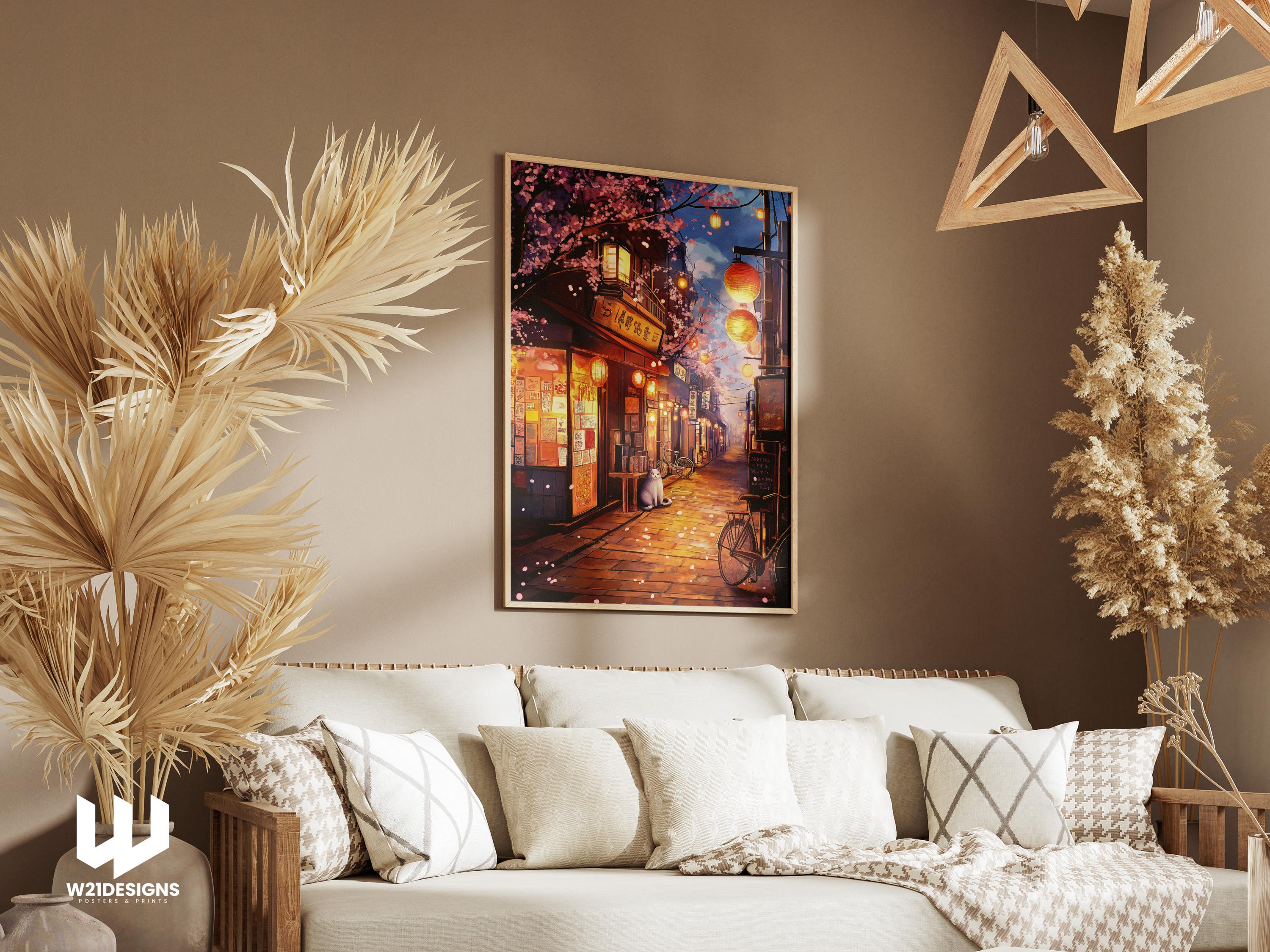 Ghibli Cat Art Print: Japanese Alley Lanterns, Anime Wall Decor