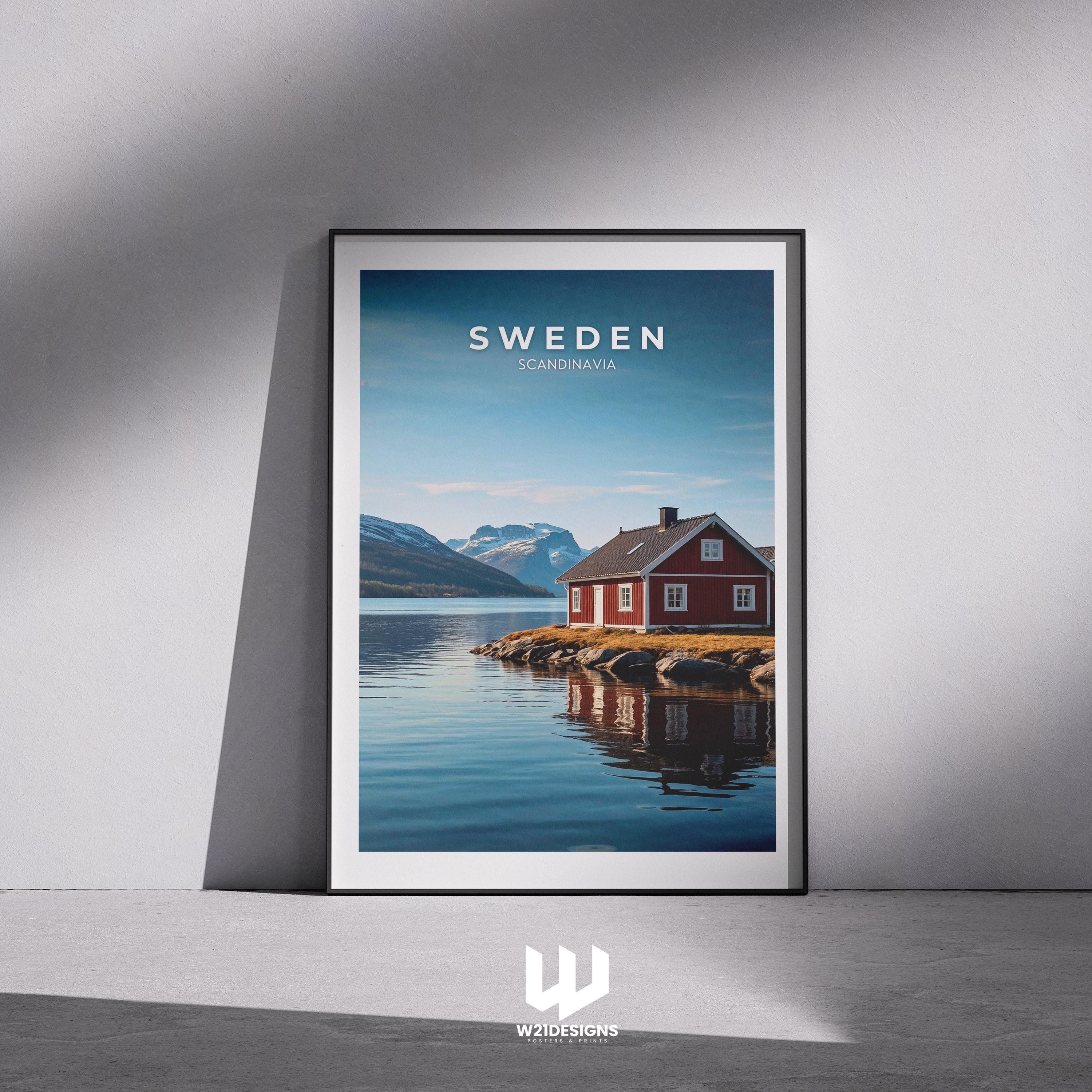 Sweden Travel Poster: Red Cabin, Scandinavian Mountains Art Print