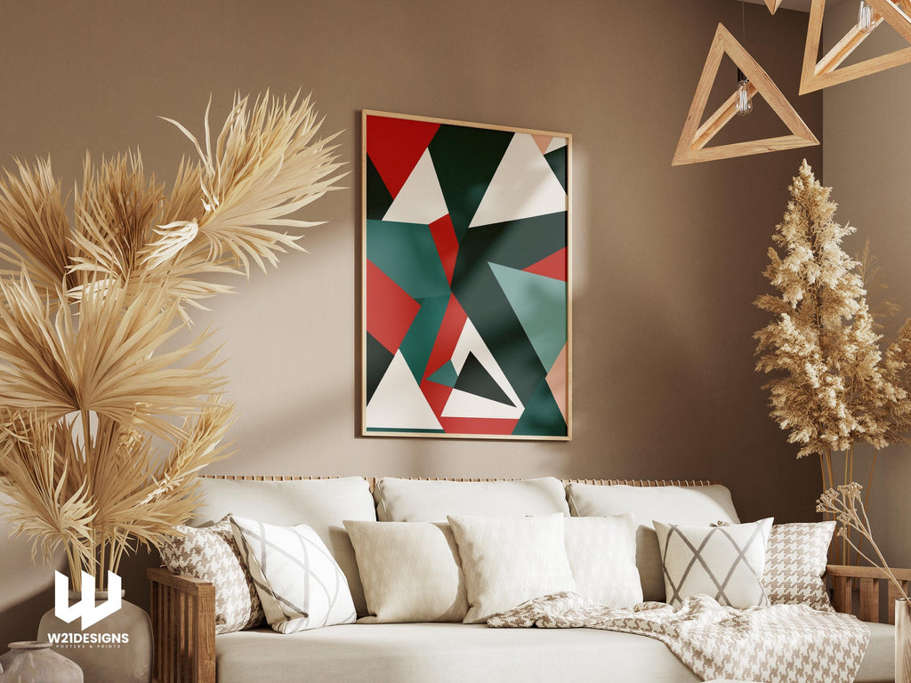 Geometric Triangle Art Print: Modern Red, Teal, Green Poster