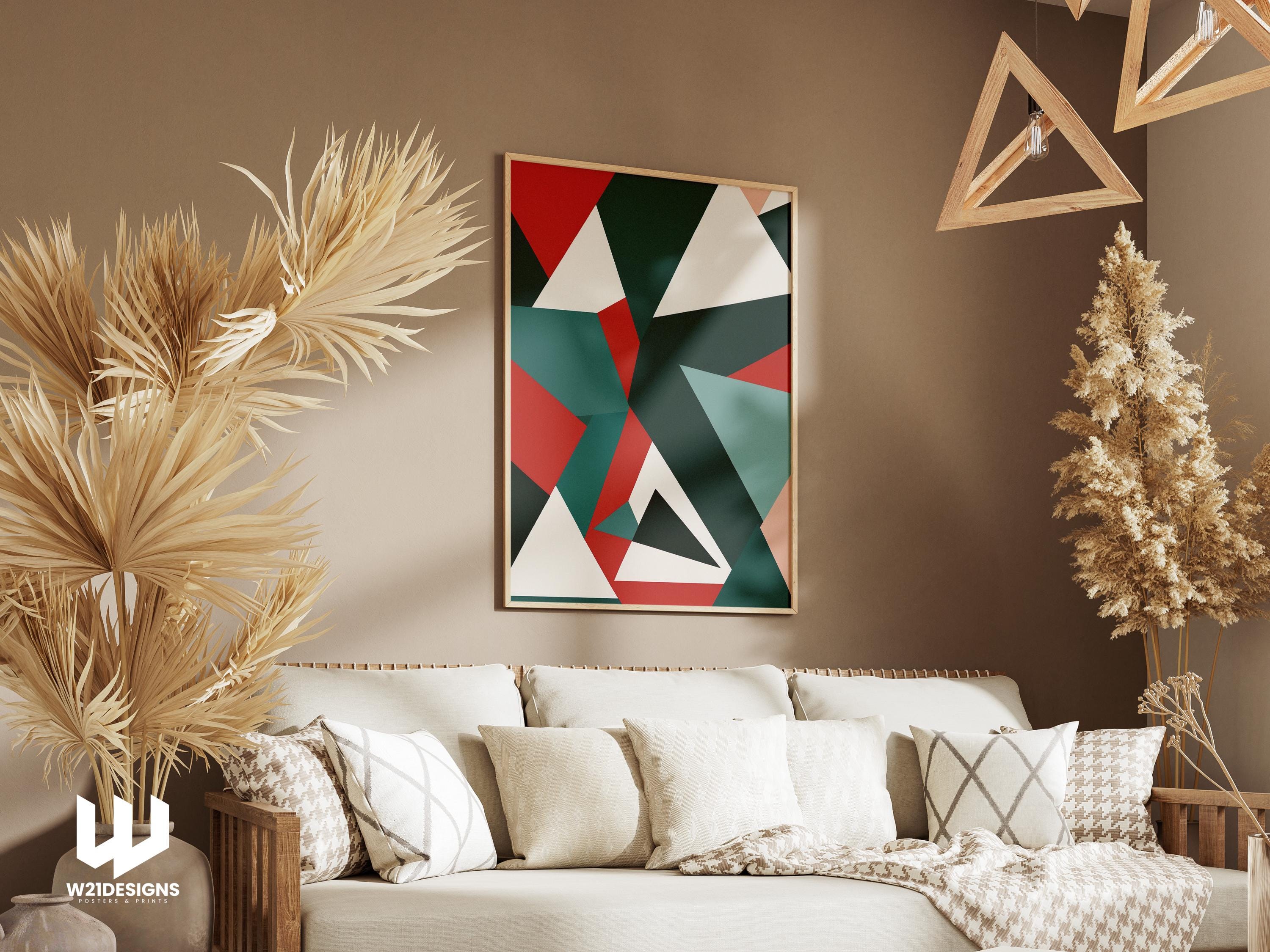 Geometric Triangle Art Print: Modern Red, Teal, Green Poster