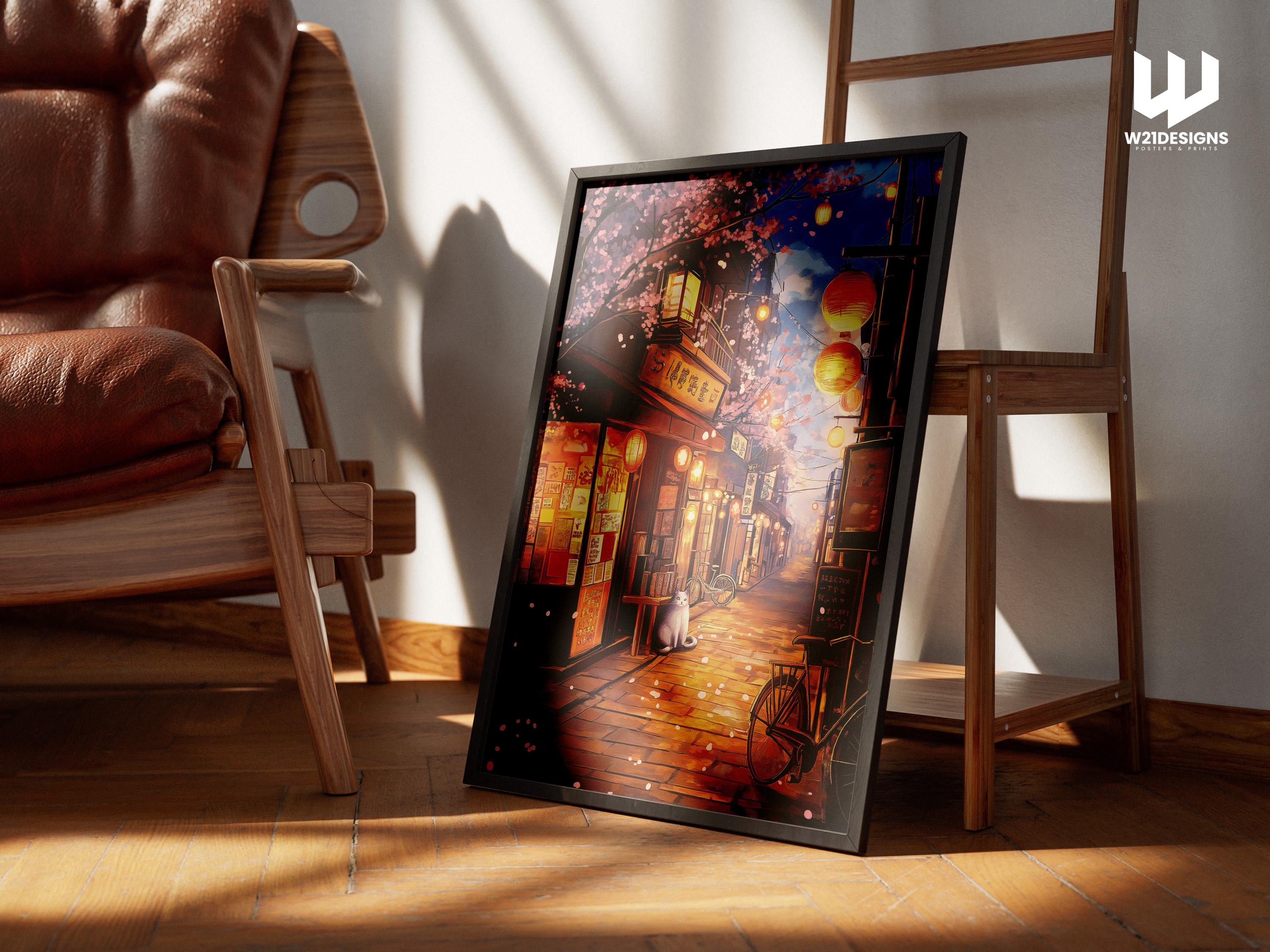 Ghibli Cat Art Print: Japanese Alley Lanterns, Anime Wall Decor