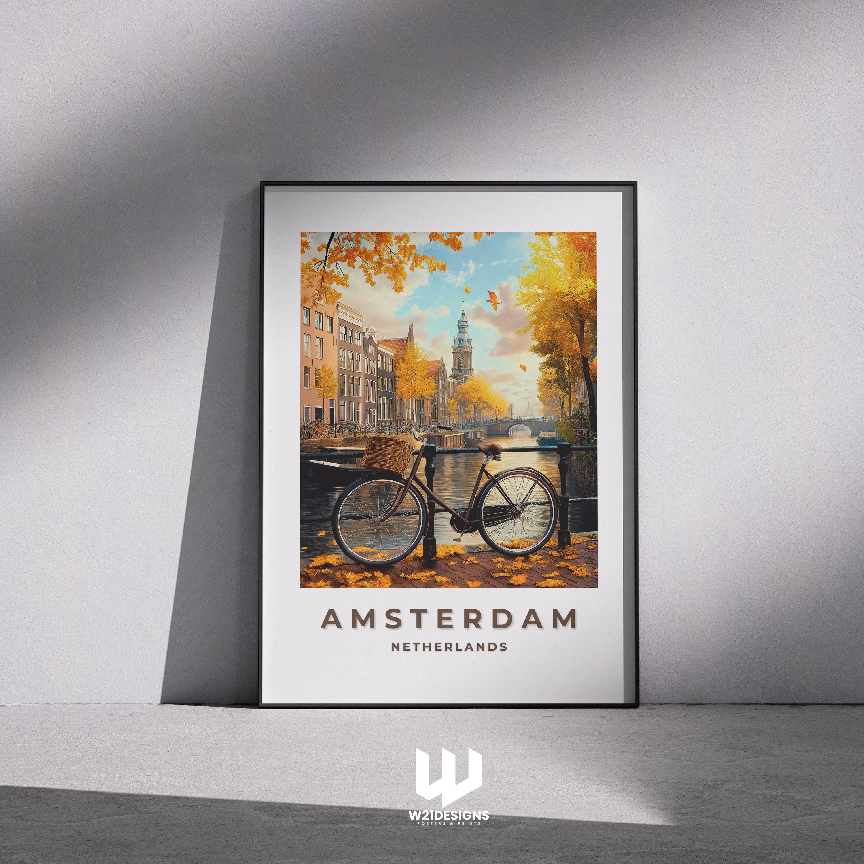 Amsterdam Canal Print: Dutch Architecture, Bicycle Art (Custom Text)
