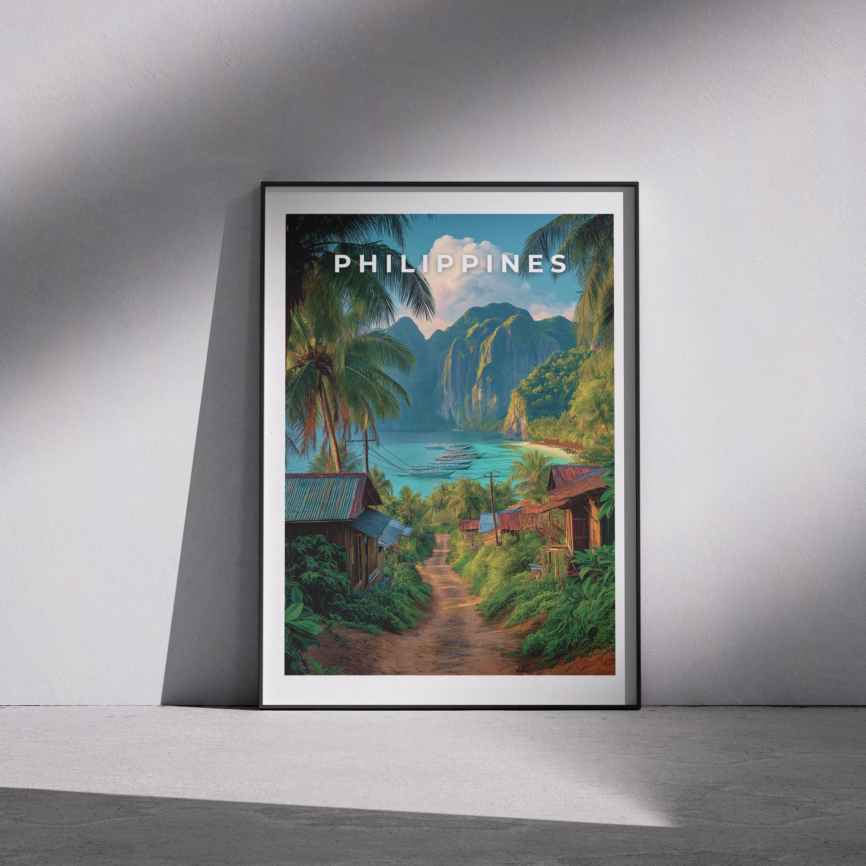 Philippines Travel Print: Tropical Island Village Coastal Art