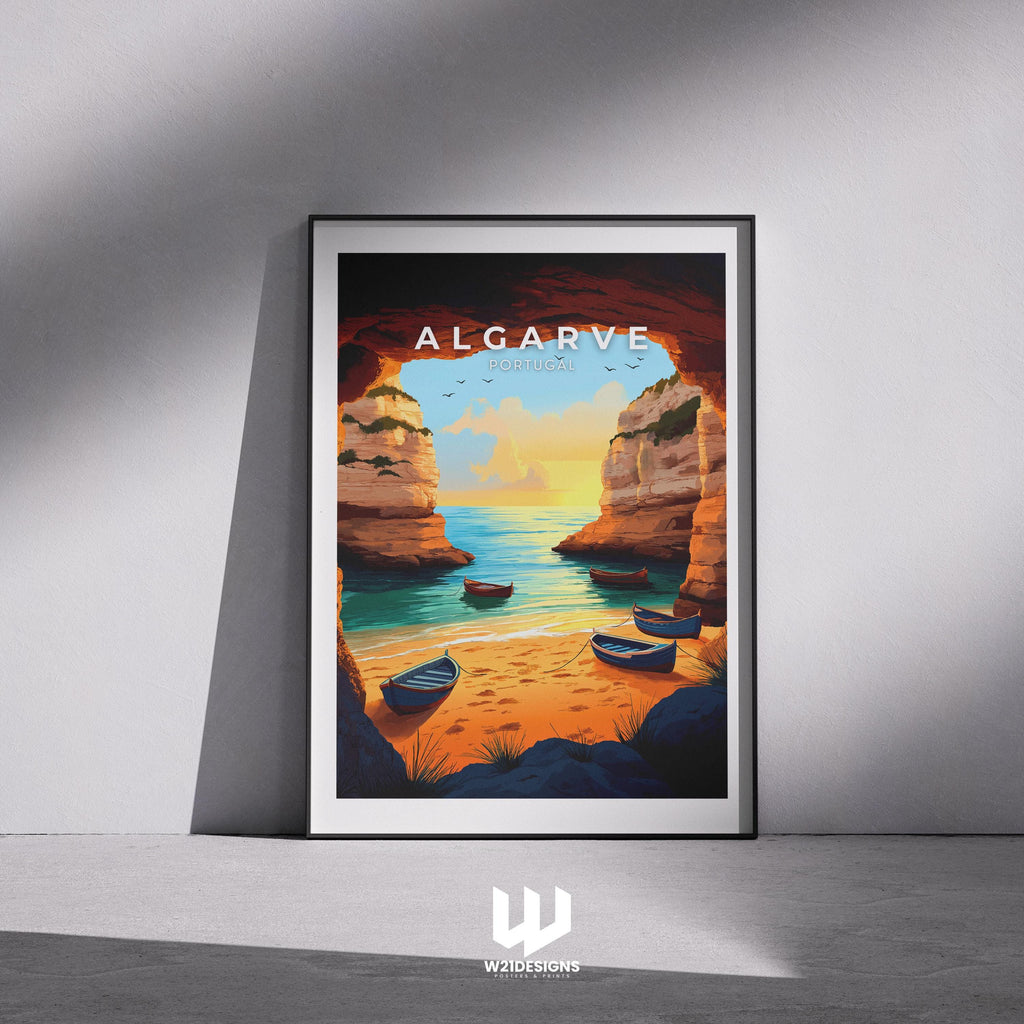 Algarve Portugal Travel Poster: Sunset Beach Coastal Art