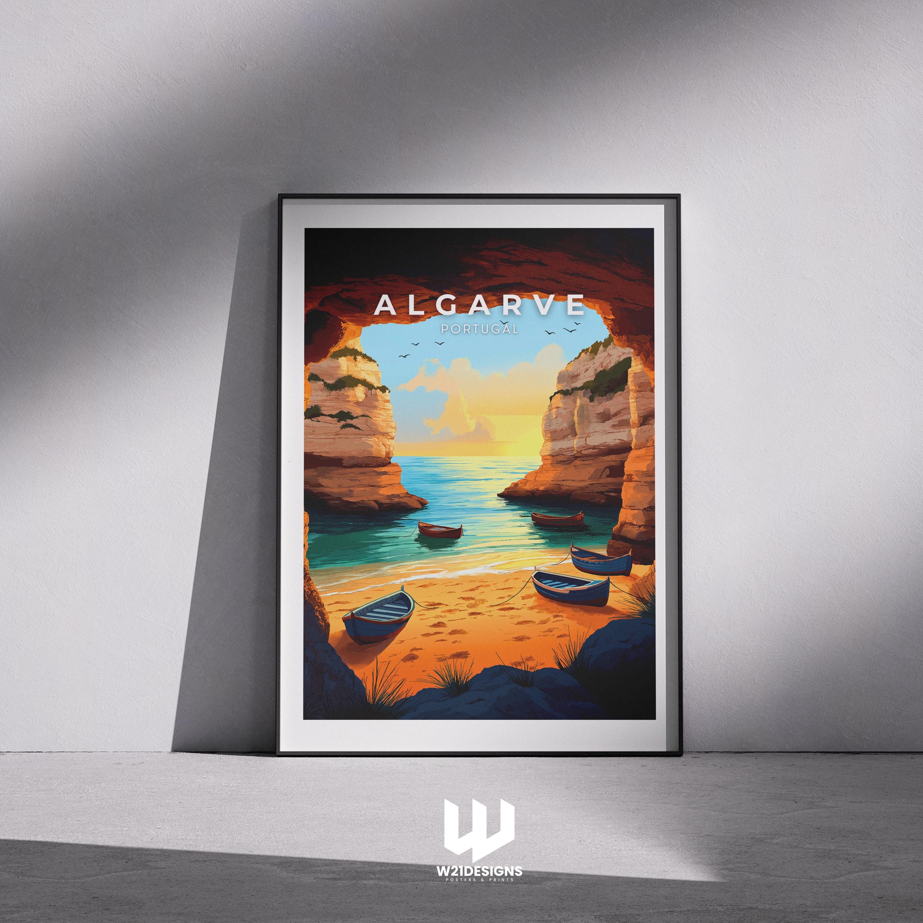 Algarve Portugal Travel Poster: Sunset Beach Coastal Art