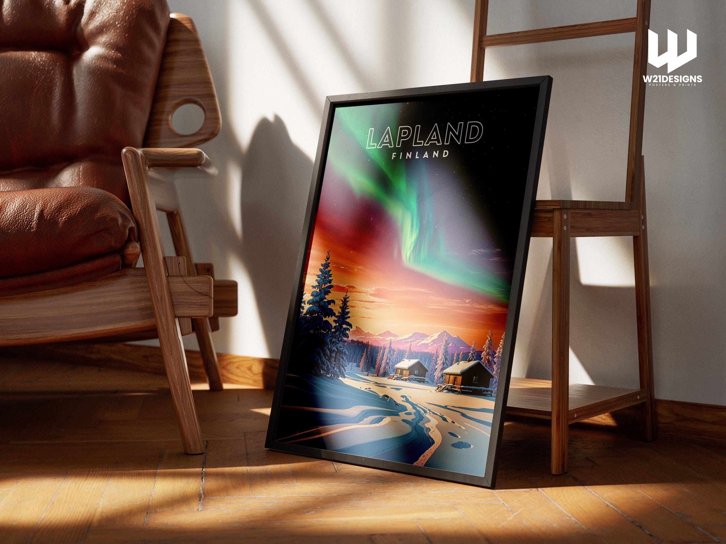 Lapland Northern Lights Poster: Finland Winter Cabin Art Print