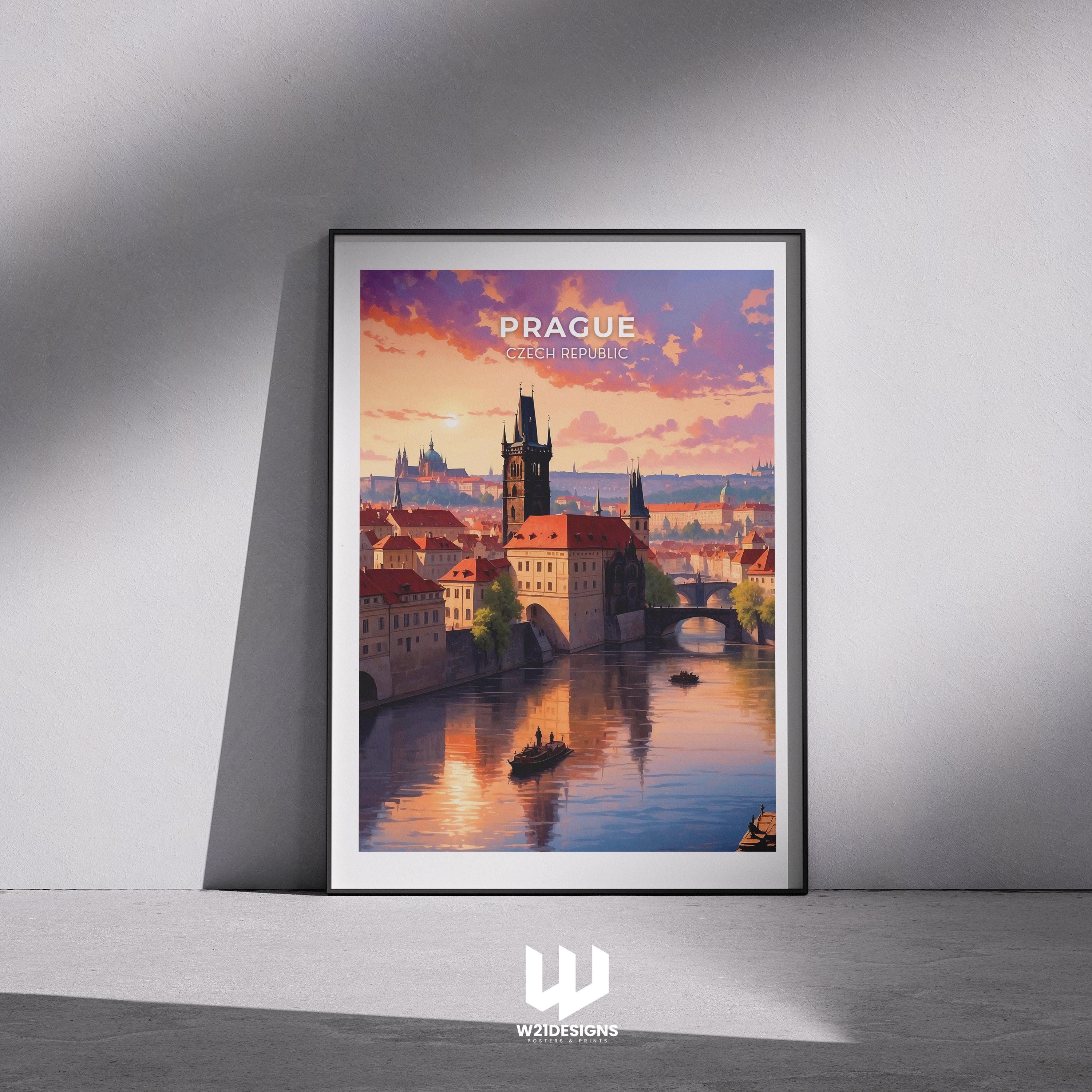 Prague Travel Poster: Vintage Charles Bridge, Czech Republic Cityscape