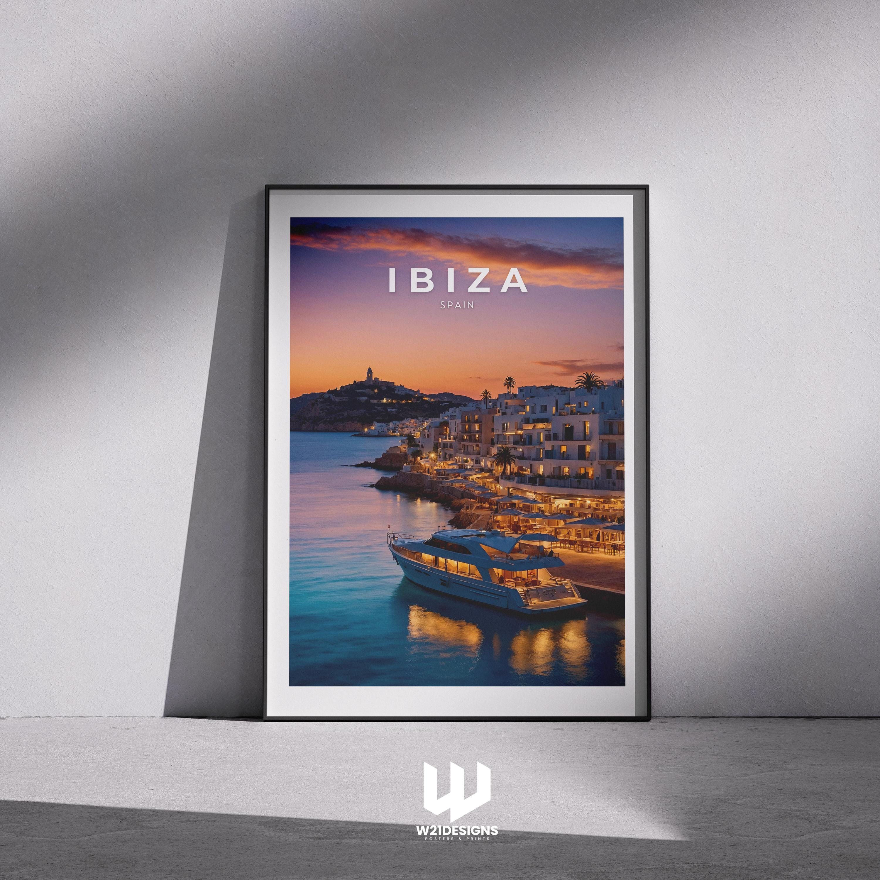 Ibiza Sunset Print: Luxury Yacht, Mediterranean Coastal Art
