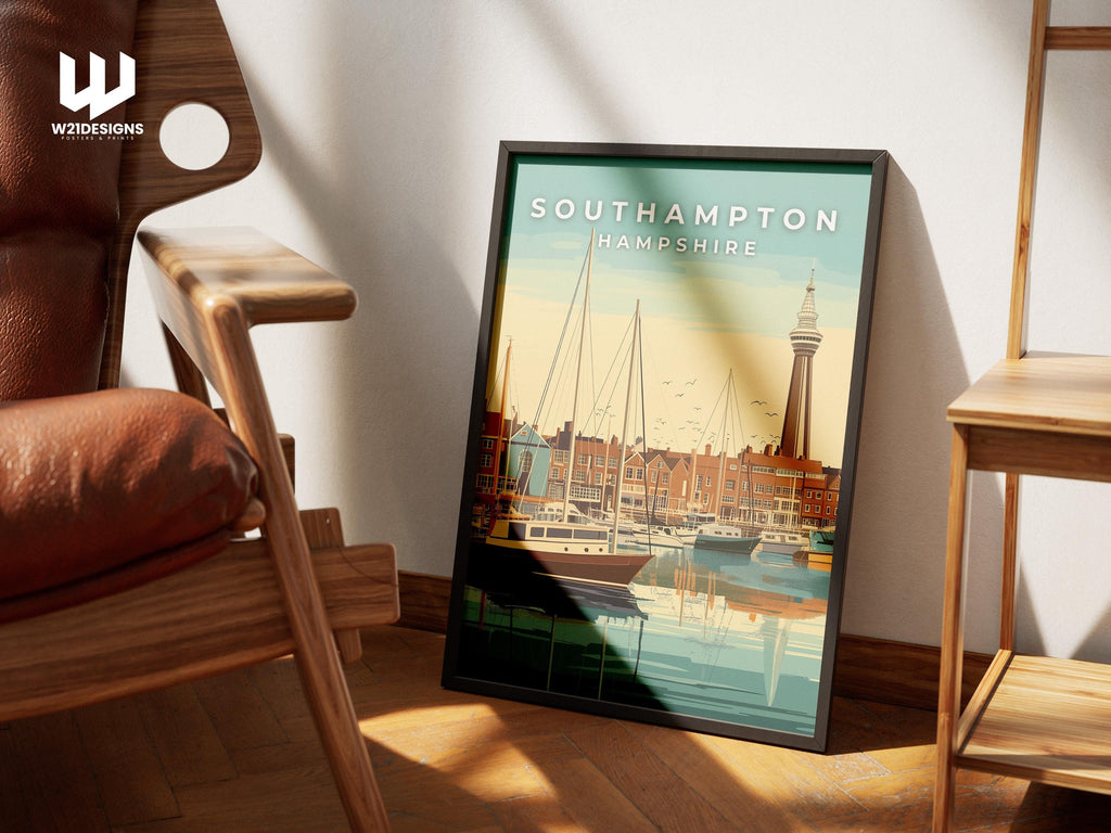 Southampton England Travel Poster: Vintage Coastal Marina Art