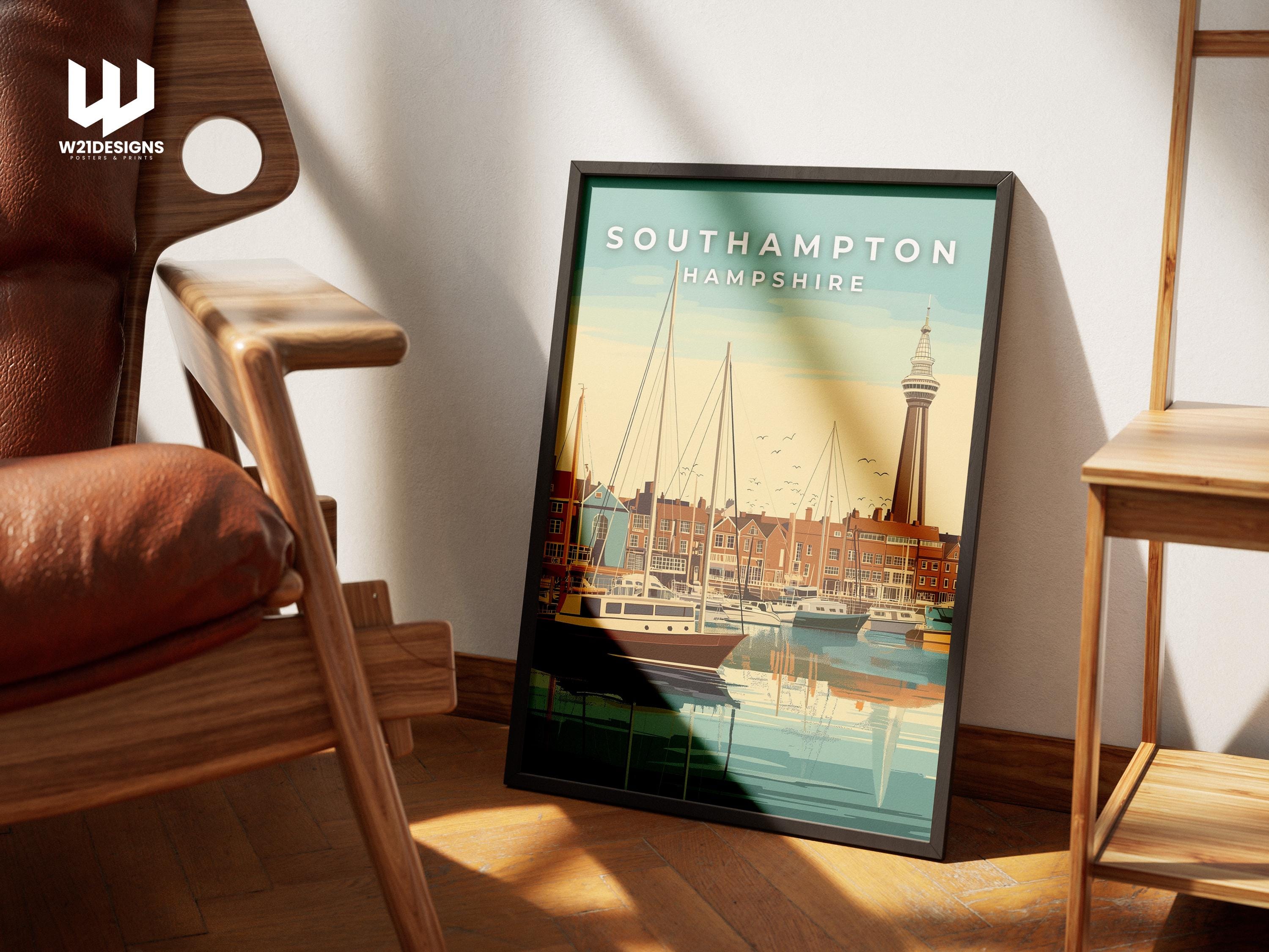 Southampton England Travel Poster: Vintage Coastal Marina Art