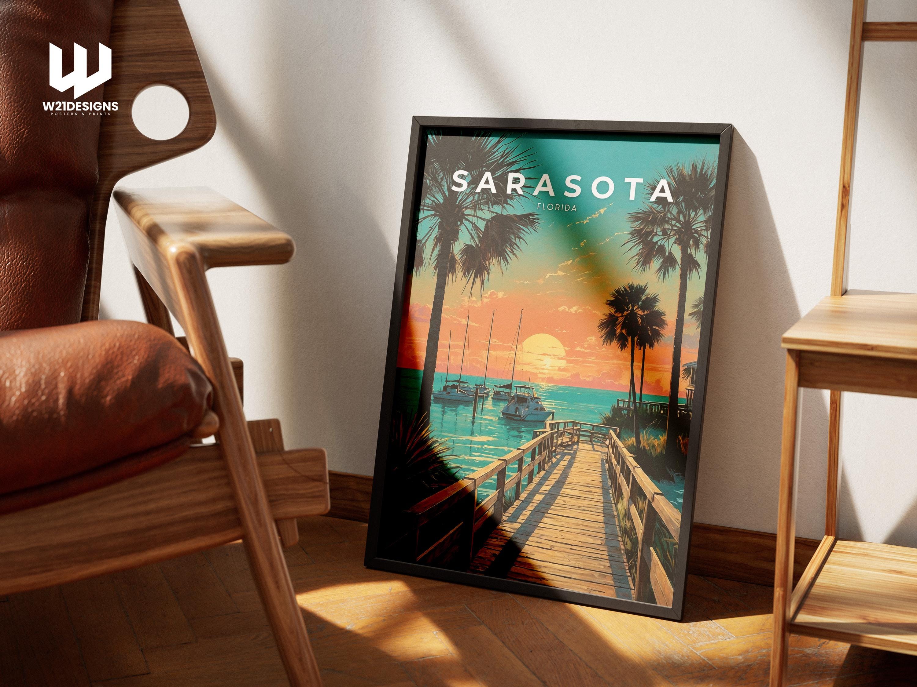 Sarasota Sunset Travel Poster: Florida Beach House Decor