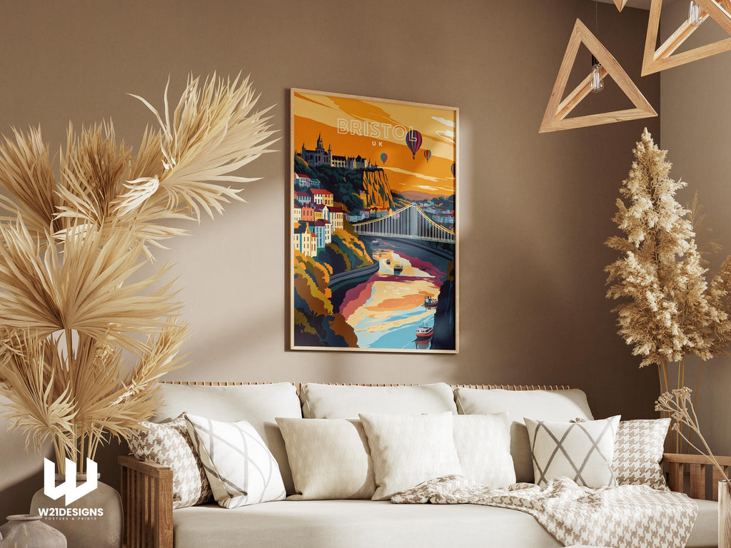 Bristol Travel Poster: Clifton Suspension Bridge & Hot Air Balloons