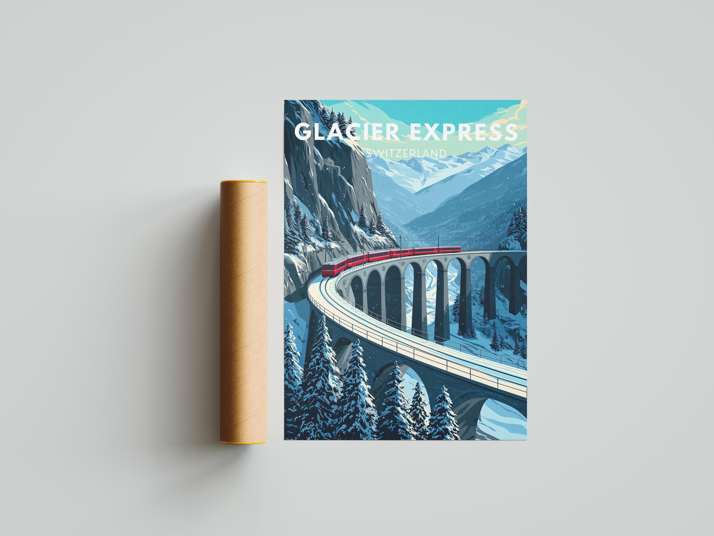 Vintage Glacier Express Poster: Swiss Alps Winter Train Travel Art