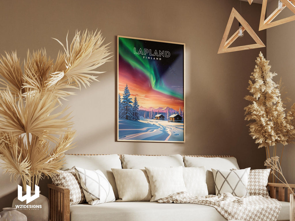 Lapland Northern Lights Poster: Finland Winter Cabin Art Print