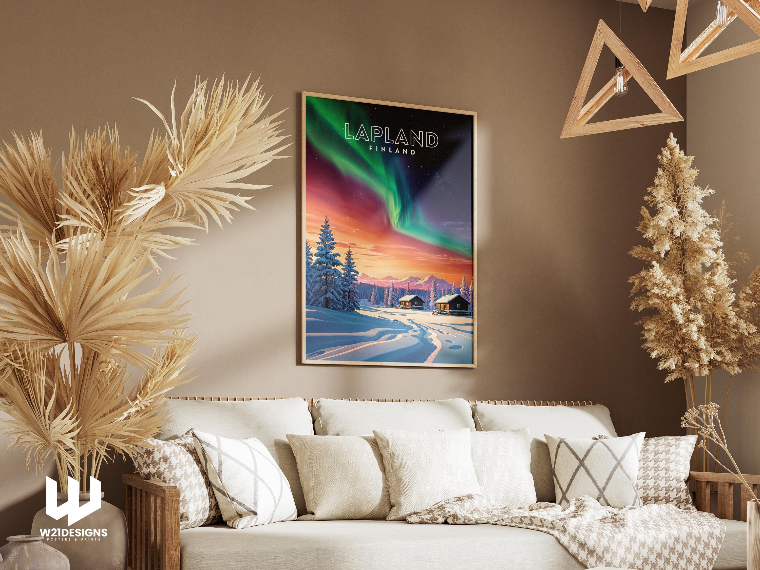 Lapland Northern Lights Poster: Finland Winter Cabin Art Print