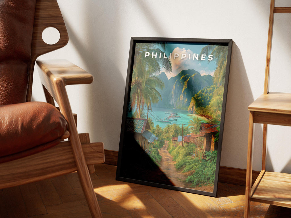 Philippines Travel Print: Tropical Island Village Coastal Art