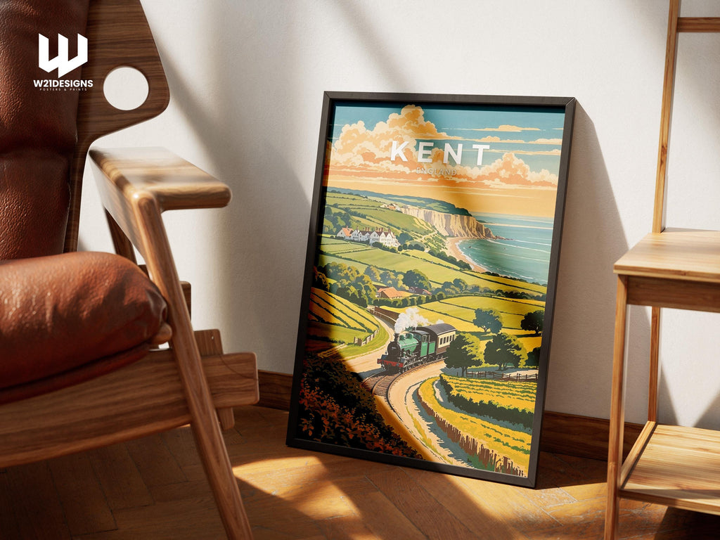 Vintage Kent Travel Poster: White Cliffs & Steam Train Art