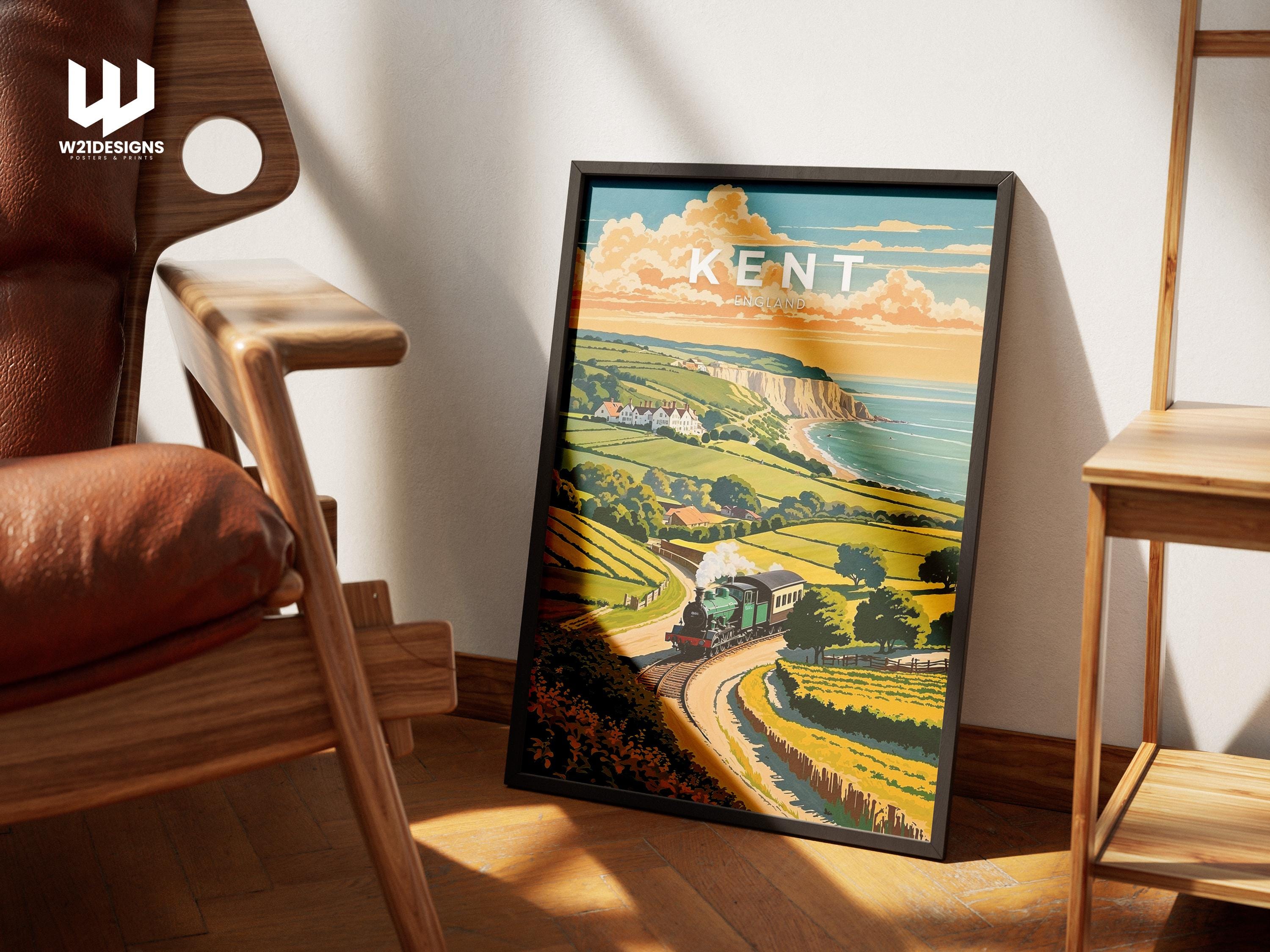 Vintage Kent Travel Poster: White Cliffs & Steam Train Art