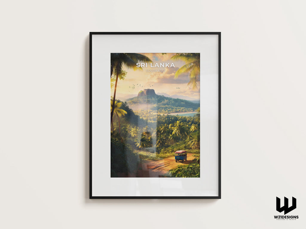 Sri Lanka Travel Poster: Sigiriya Rock, Tropical Jungle Art