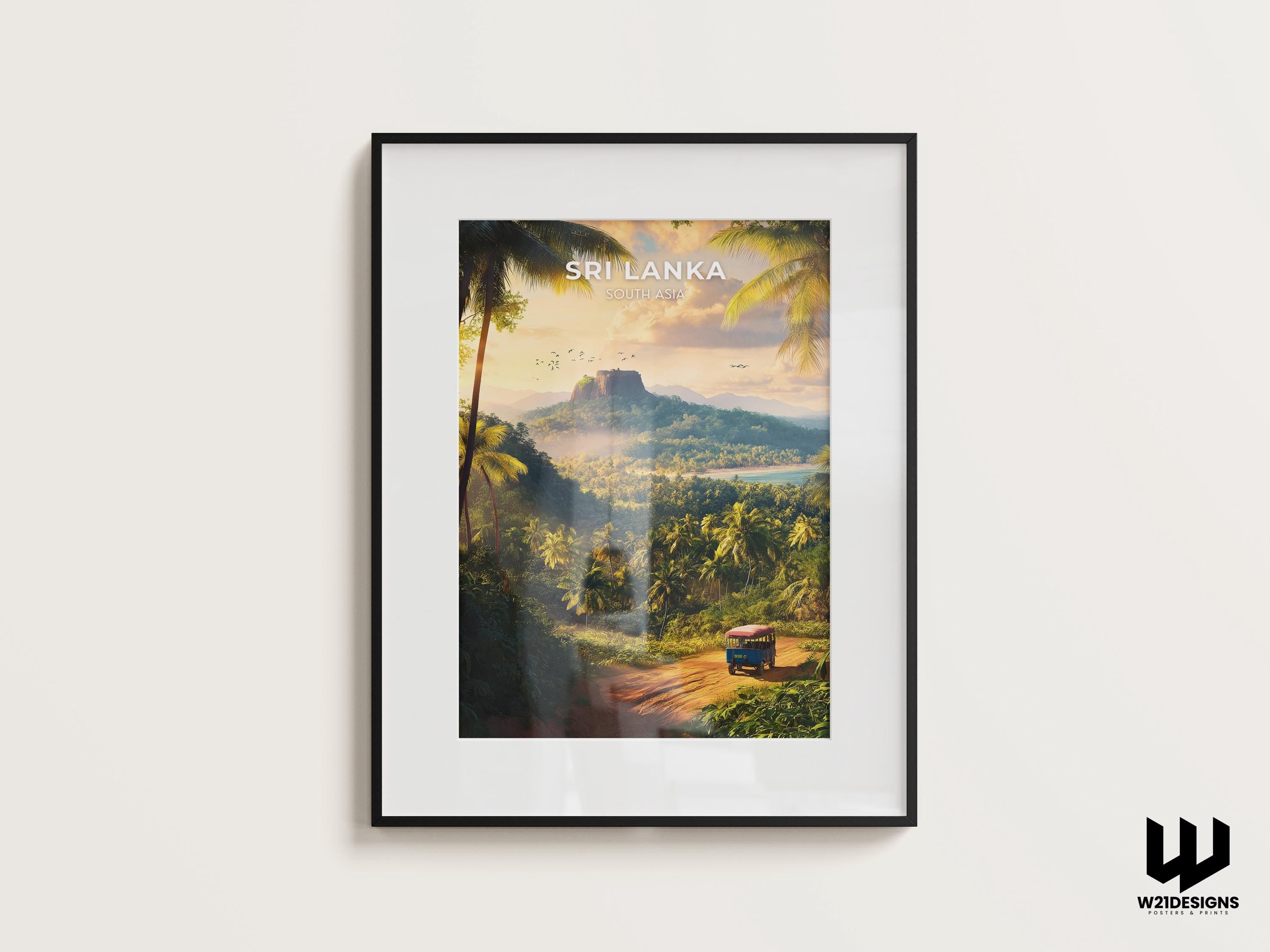Sri Lanka Travel Poster: Sigiriya Rock, Tropical Jungle Art