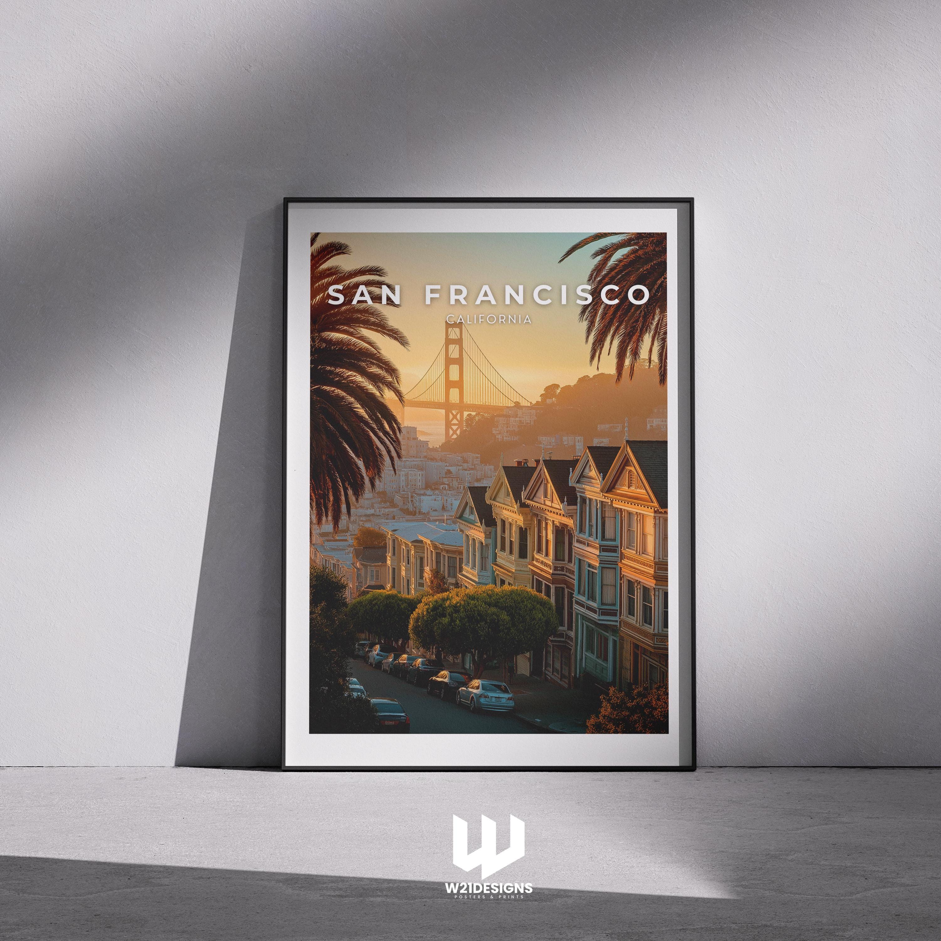 San Francisco Travel Poster: Golden Gate Bridge & Painted Ladies Art