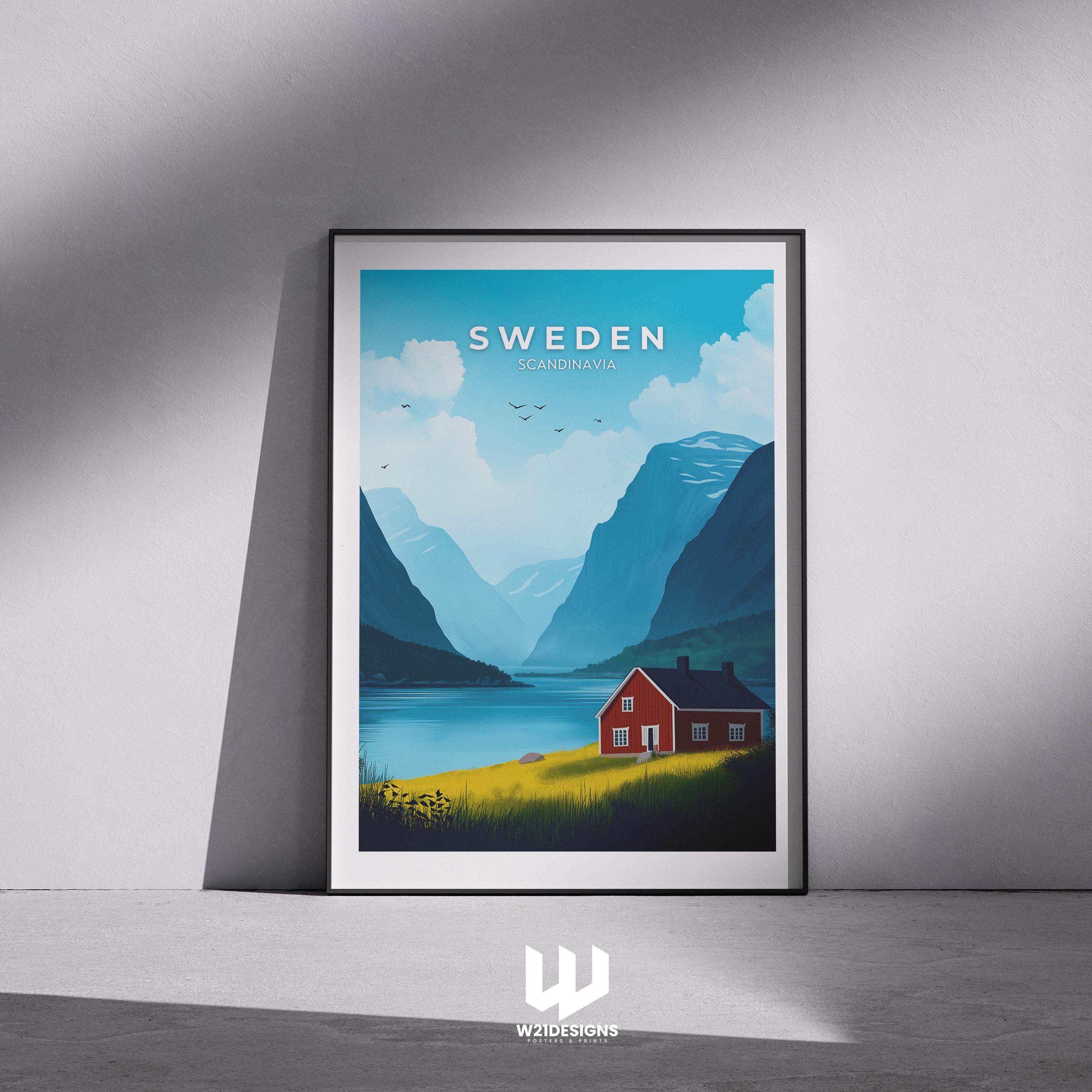 Sweden Travel Poster: Red Cabin, Nordic Mountain Landscape