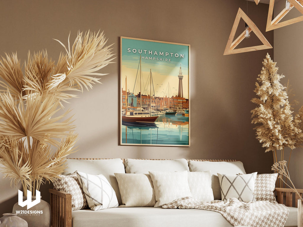 Southampton England Travel Poster: Vintage Coastal Marina Art