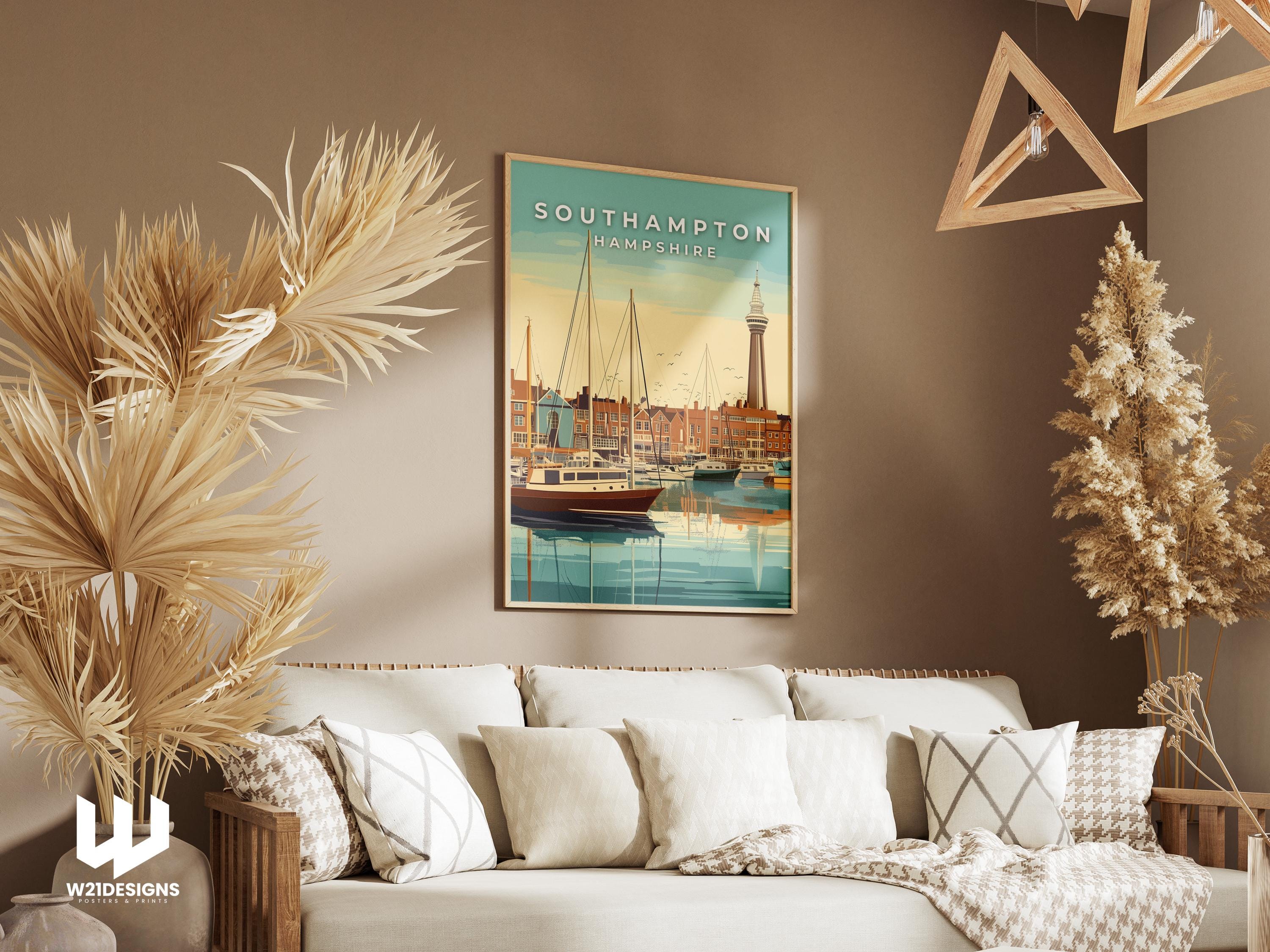 Southampton England Travel Poster: Vintage Coastal Marina Art