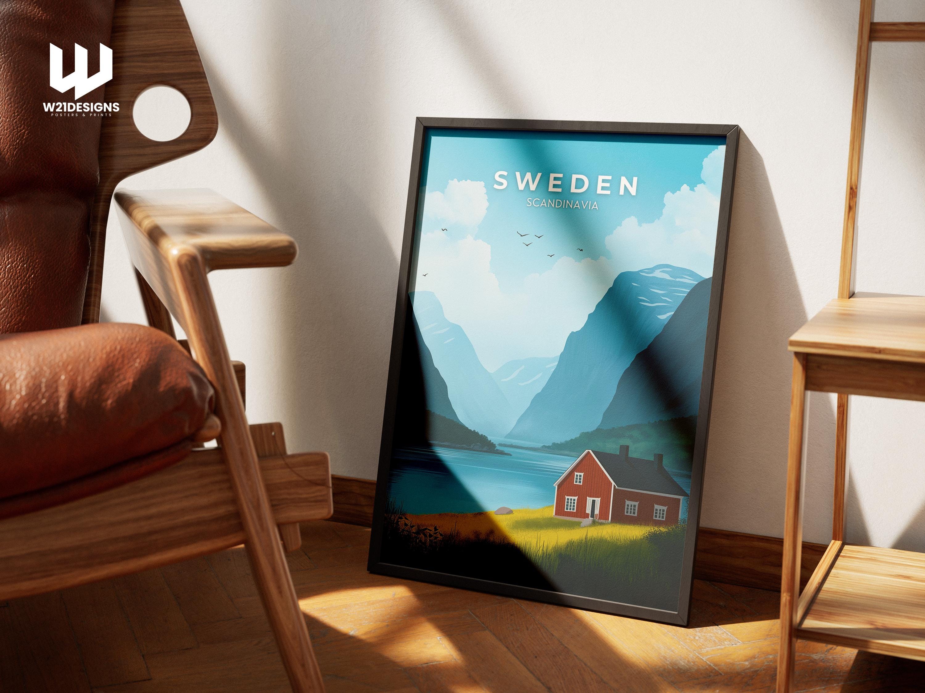 Sweden Travel Poster: Red Cabin, Nordic Mountain Landscape