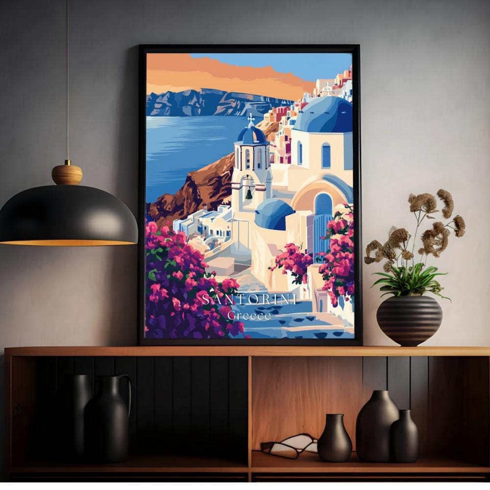 Santorini Travel Poster – Mediterranean Wall Art | Classic Travel Illustration